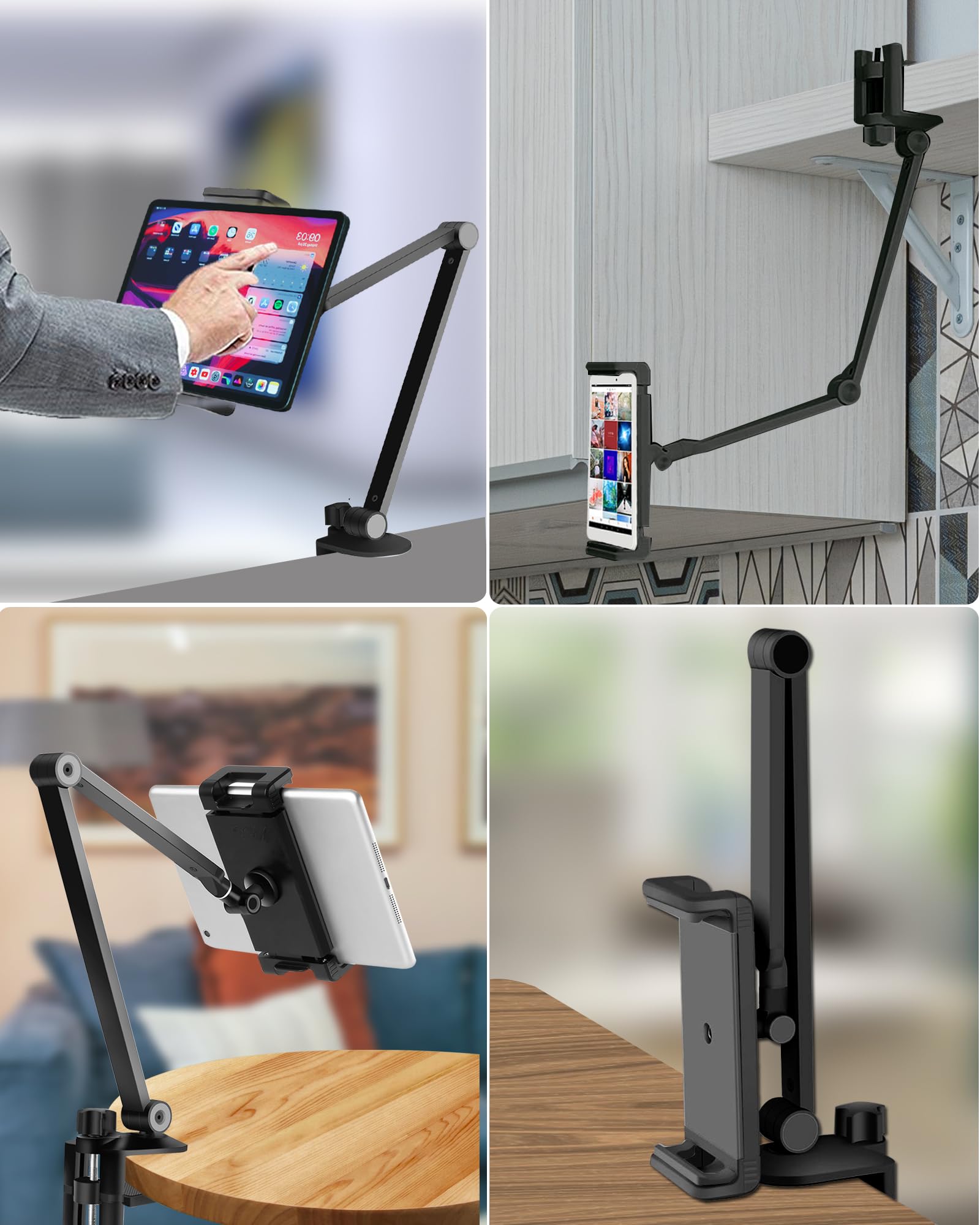 NueZoo Adjustable Aluminum iPad Stand Holder - 360° Swivel Long Arm Tablet Clamp Mount for Desk & Bed - Compatible with 4.5-13 inch Phones & Tablets (Black) - Perfect for Office Work, Reading, Watching Videos & Hands-Free Video Calls