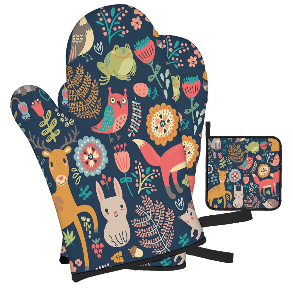 Owl Deer Hedgehog Fox Oven Mitts and Pot Holders Set of 3 - Heat Resistant BBQ Gloves for Kitchen Cooking Baking Grilling - Perfect for Women Chefs & Home Cooks (Ideal for Holiday Gifts & Housewarming)