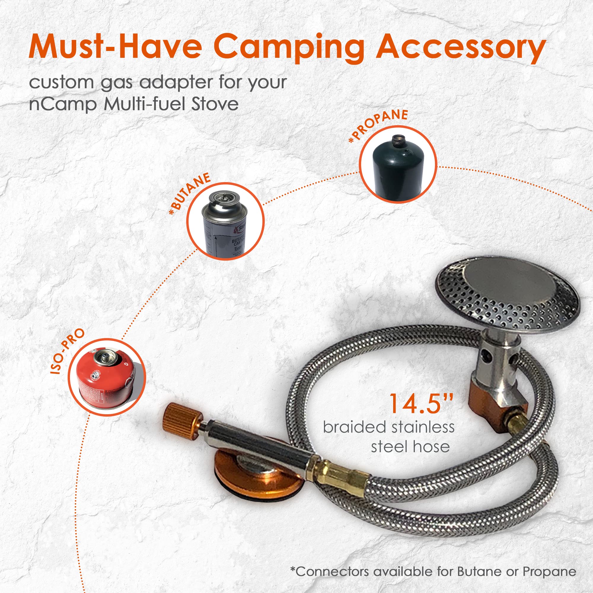nCamp - High Pressure Propane Adapter for Camping Stoves | Isobutane to Propane Tank Converter | Heavy Duty Braided Stainless Steel Hose with Regulator (14.5 Inch) | Perfect for Outdoor Cooking, Backpacking & RV Trips