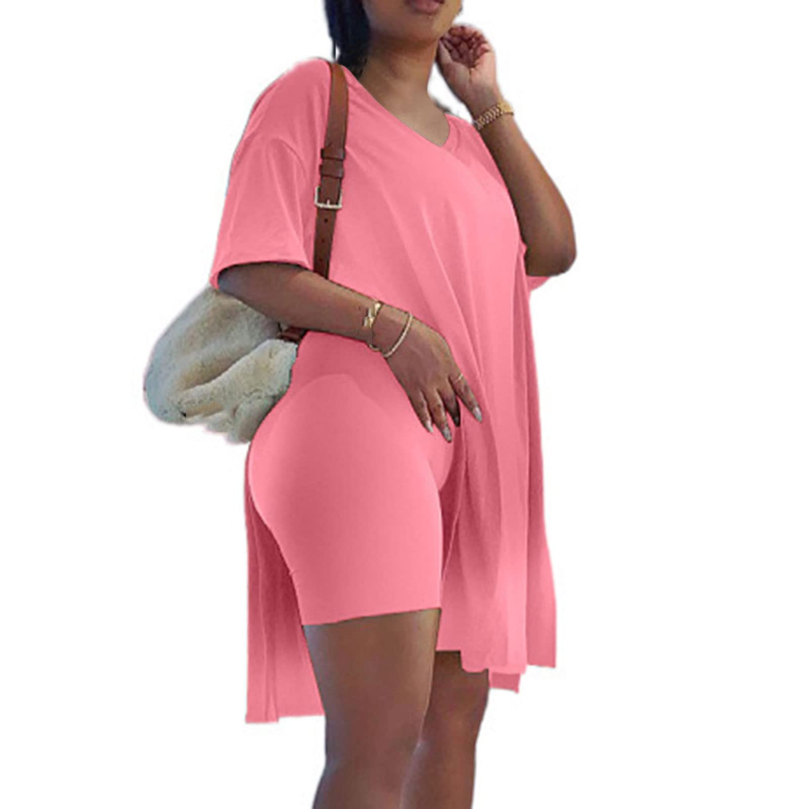 Women's 2-Piece Ribbed Knit Lounge Set - Summer Matching Outfit with T-Shirt & Biker Shorts | Casual Pajama Set for Home, Yoga & Outdoor Activities | Prime Lightning Deal Today