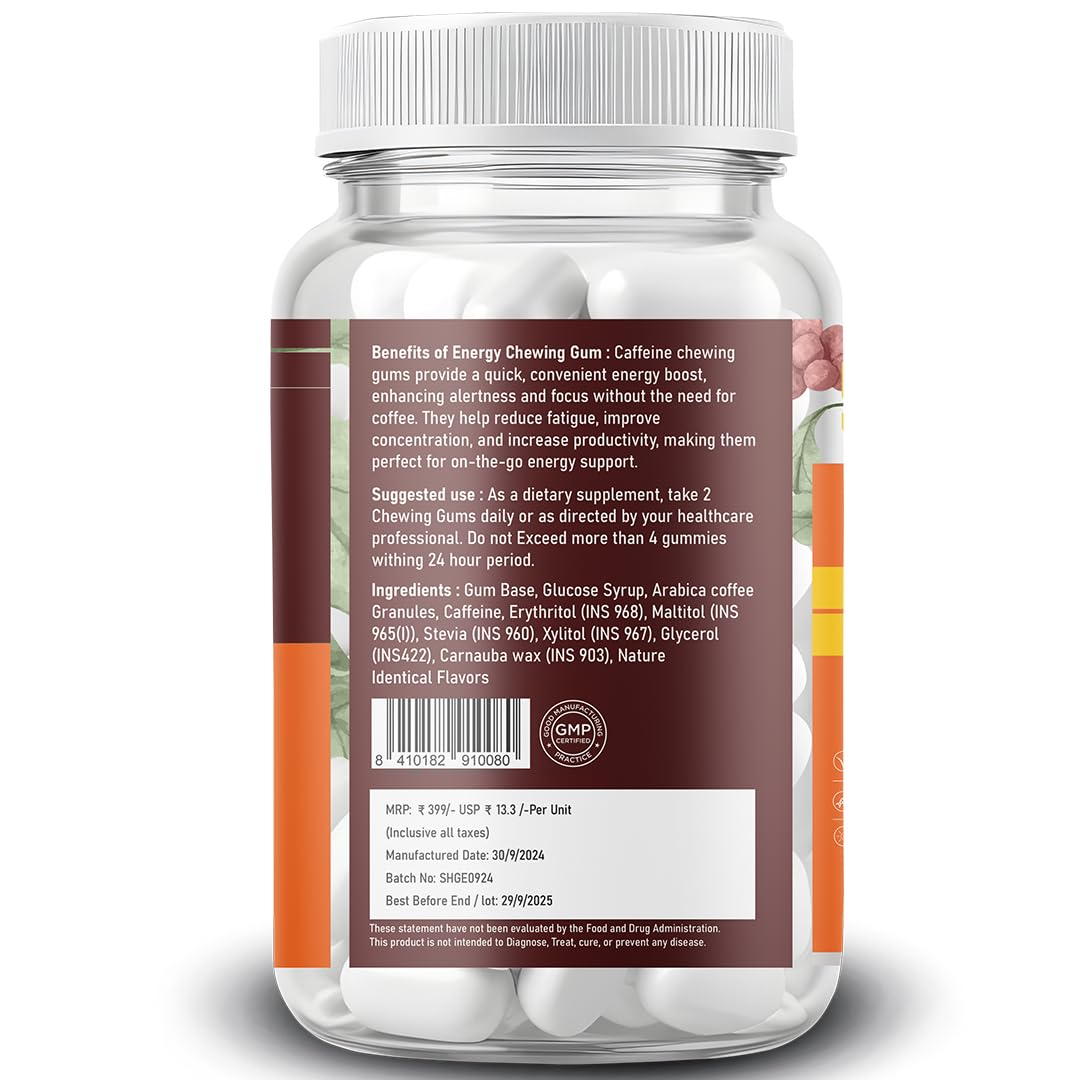 Supplenex Energy Gum - Caffeine Infused Chewing Gum for Men & Women | Sugar-Free Arabica Coffee Energy Boost | Pack of 30 Power Gummies | Perfect for Workouts, Study & Long Drives