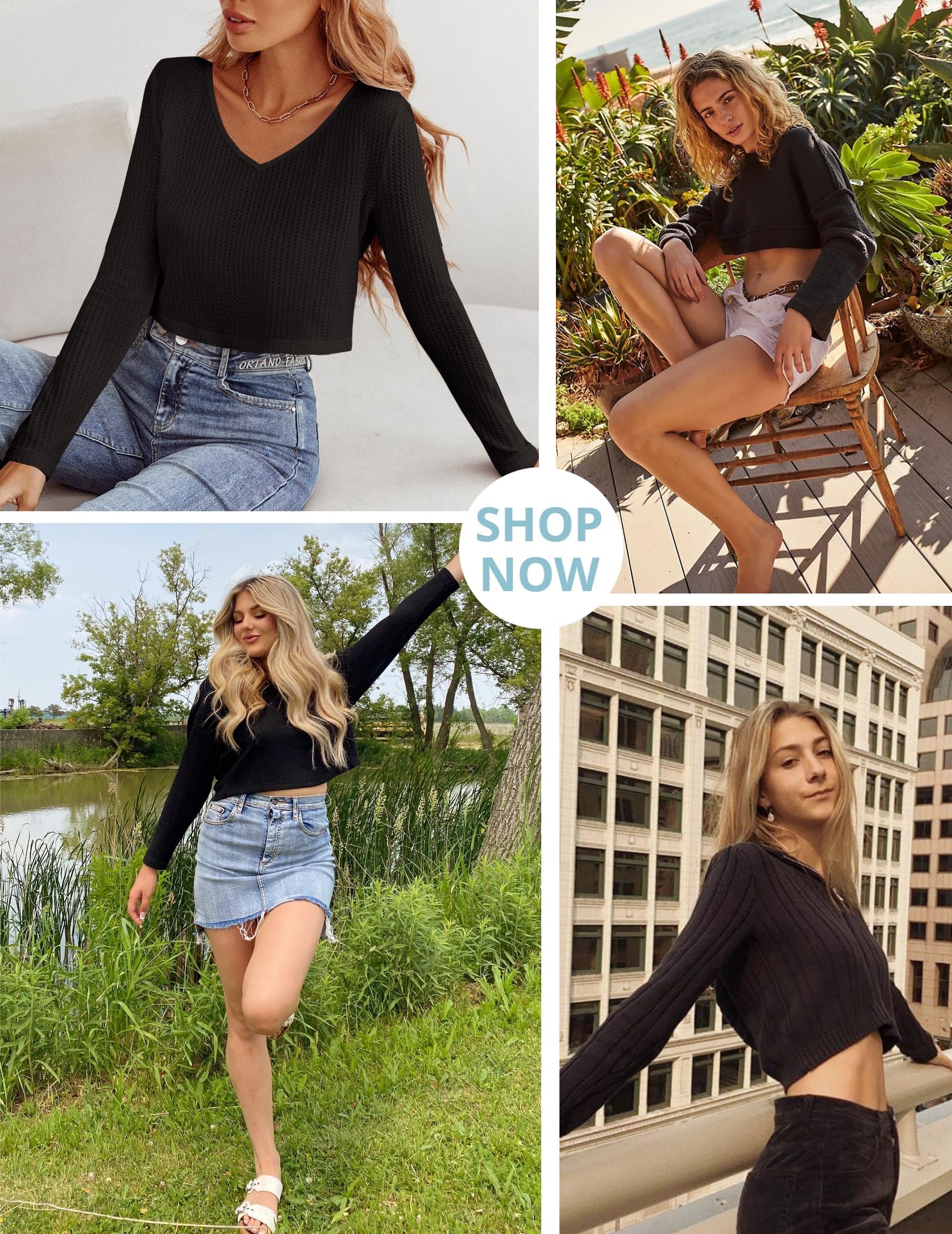 Zeagoo Women's Long Sleeve Waffle Knit V-Neck Cropped T-Shirt - Casual Fashion Top for Fall & Winter, Perfect for Layering, Office Wear, and Weekend Outfits