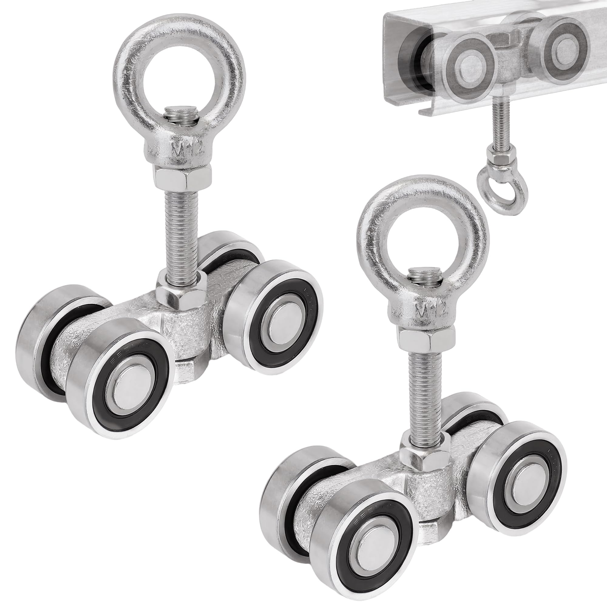 BiJun 4 Wheel Unistrut Trolley - Heavy Duty Silent Roller Assembly with M12 Bolt & Lifting Eye Nuts - Compatible with 1-5/8
