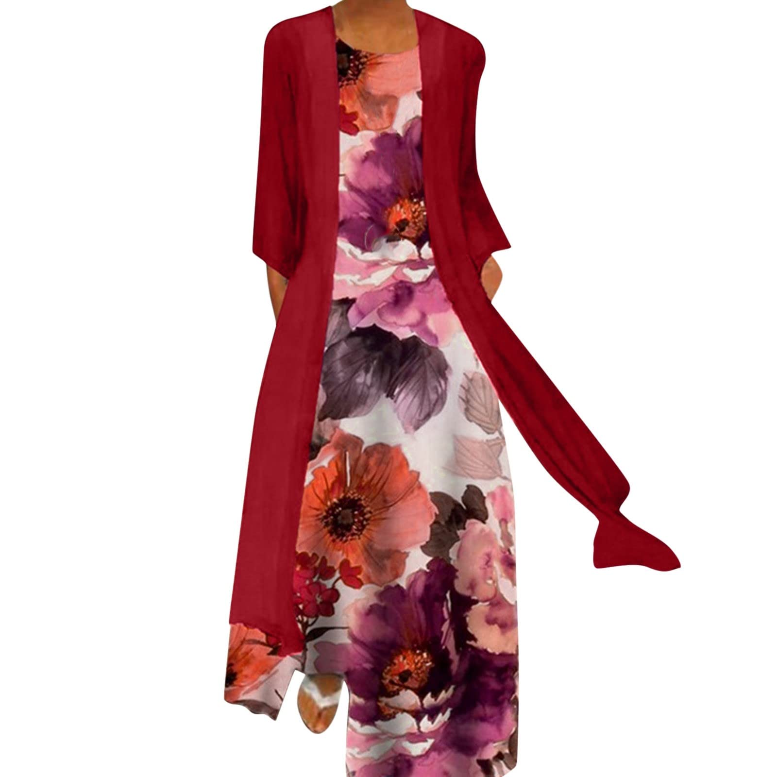 Boho Maxi Dress for Women - Floral Print Chiffon Long Dress with Half Sleeves & Matching Shawl Cardigan Set | Beach Wedding, Vacation, Summer Outfit