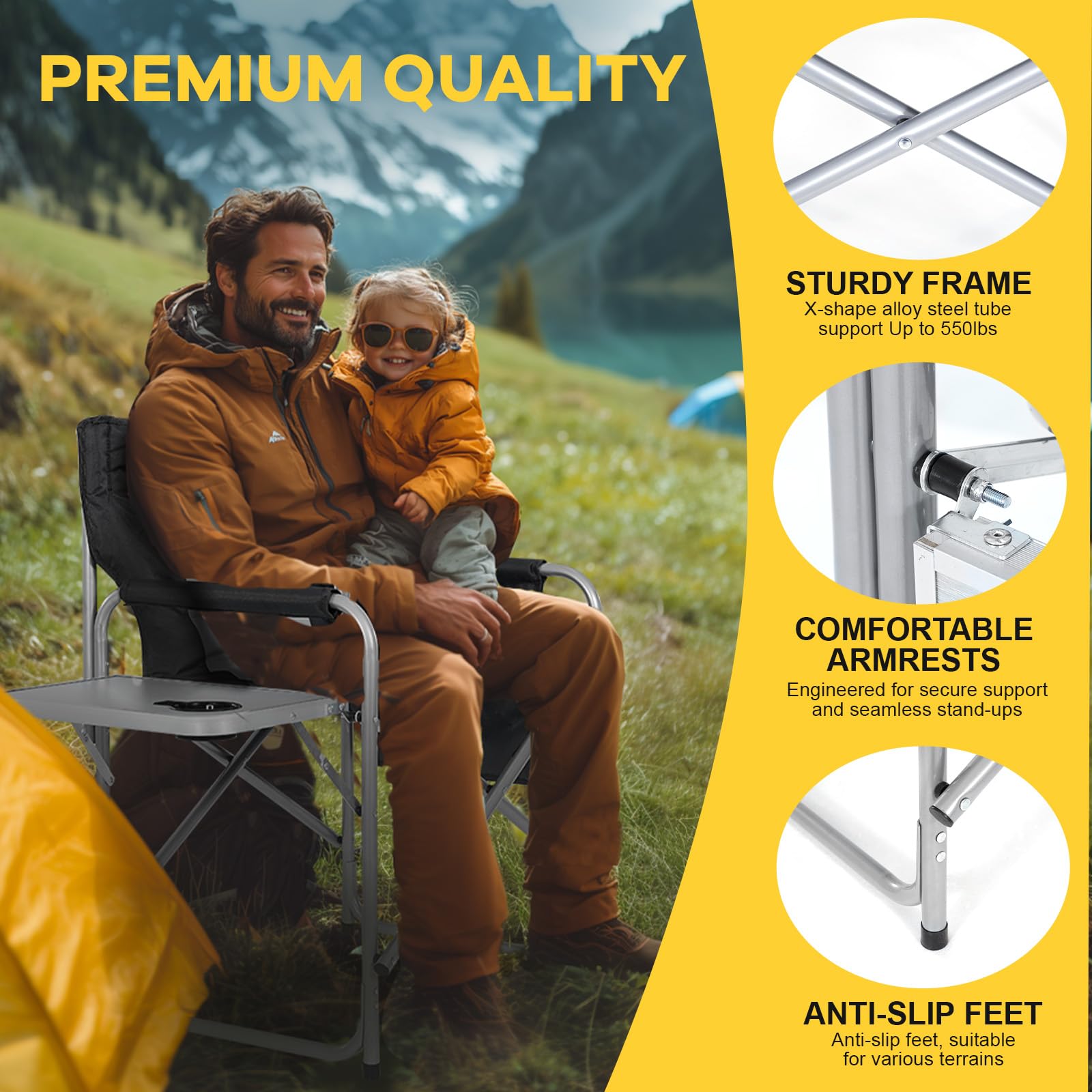 NAIZEA Heated Director Chair - Oversized Camping Chair for Adults with Side Table Pockets, 550lbs Weight Capacity - Portable Folding Heated Outdoor Chair for Camping, Beach, Tailgating & Makeup (Power Bank Not Included)