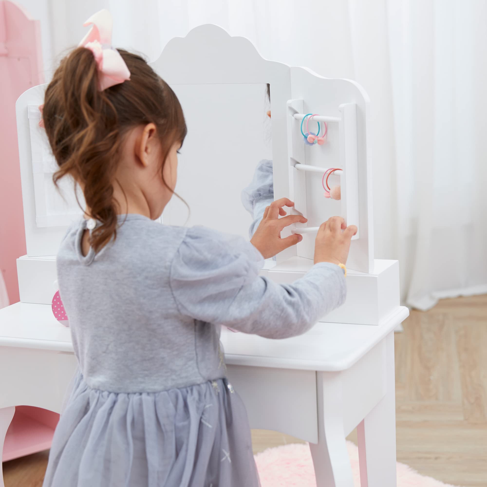 Teamson Kids Little Princess Anna Medium Play Vanity Set - White Vanity Table with Mirror & Stool for Girls Bedroom, Birthday Gift, Pretend Play & Dress Up