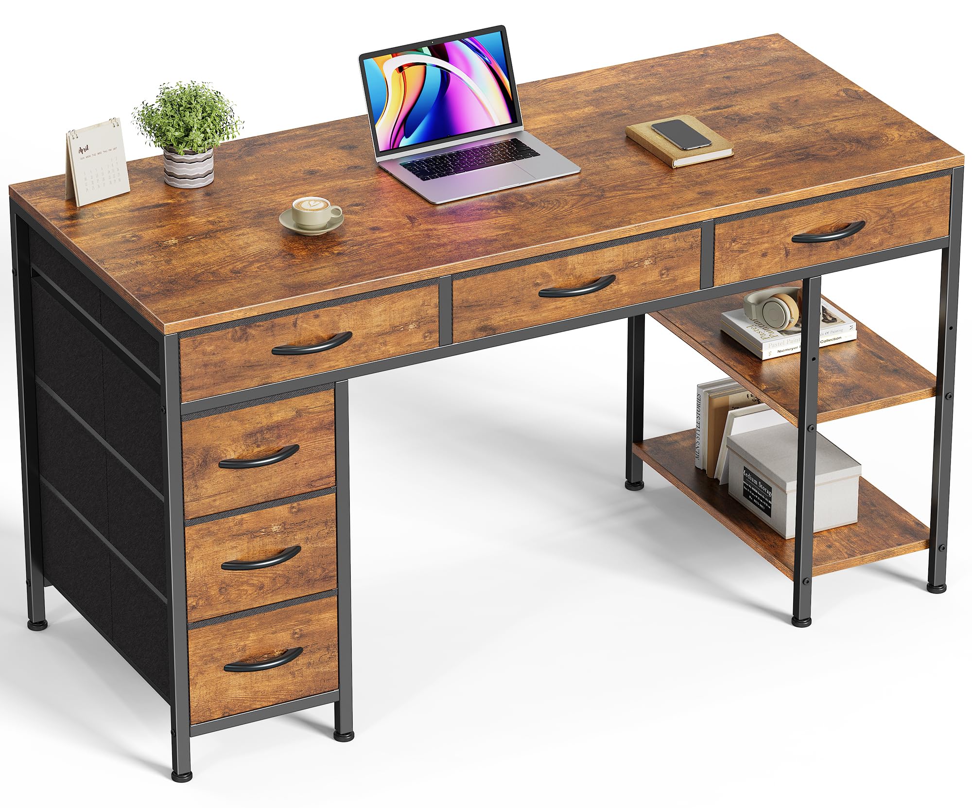 Huuger 47 Inch Computer Desk with 6 Drawers & Shelves - Reversible Gaming Desk, Corner Office Desk with Storage - Rustic Brown Workstation for Home Office, Study, Living Room - Perfect for Remote Work, Online Classes & Gaming Setup