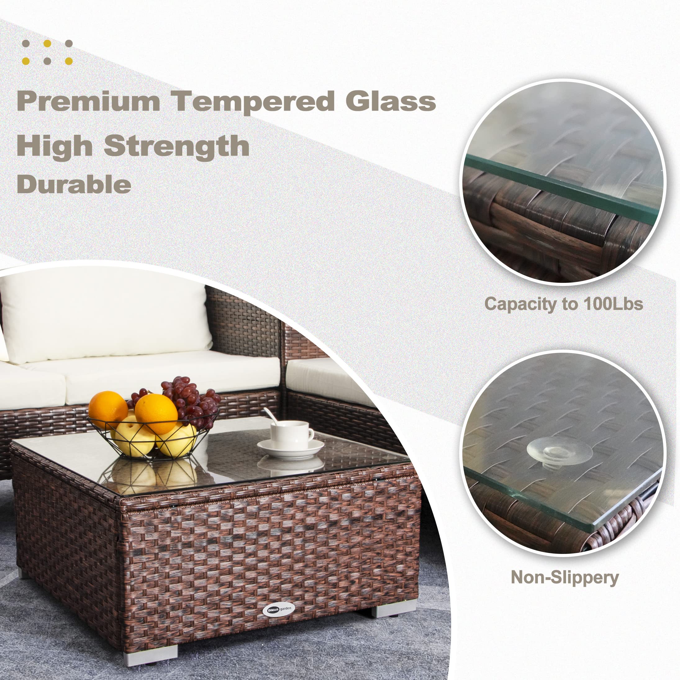 DIMAR GARDEN Outdoor Coffee Table - 25.2 Inch Wicker Patio Side Table with Tempered Glass Top, Weather-Resistant Mixed Brown - Perfect for Poolside, Garden, and Patio Furniture Sets