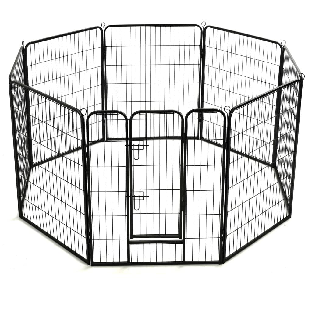 vidaXL 8-Panel Foldable Dog Playpen with Hinged Door - Black Powder-Coated Steel Puppy Cage for Indoor & Outdoor Use - Perfect for Training, Playtime, and Safe Containment in Backyard or Home