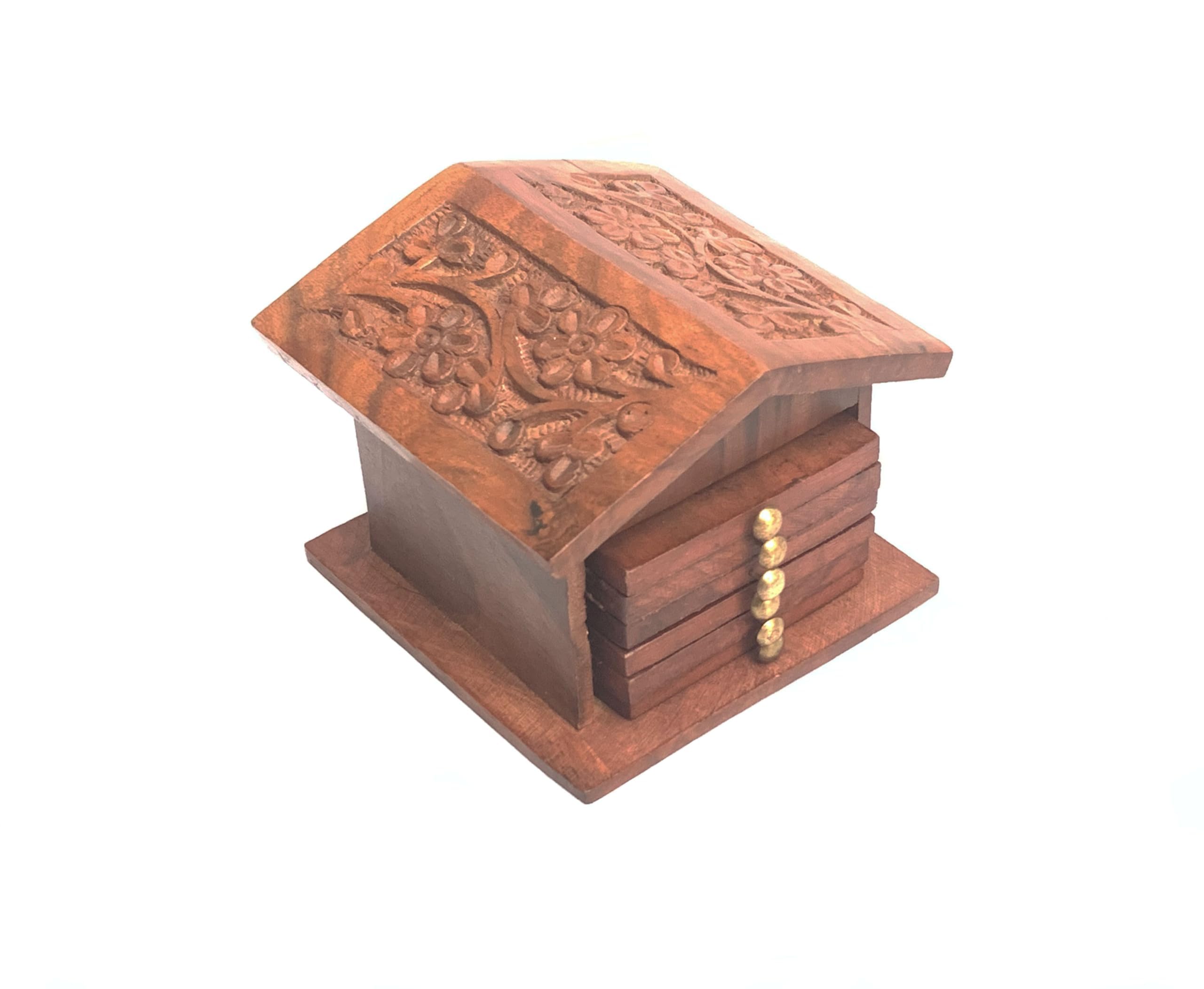 Handmade Wooden Hut Coasters Set of 6 - Natural Wood Drink Coasters for Coffee, Tea, and Glasses - Rustic Home & Office Kitchen Accessories - Perfect for Dining Tables, Desks, and Coffee Bars (House Flower Design)