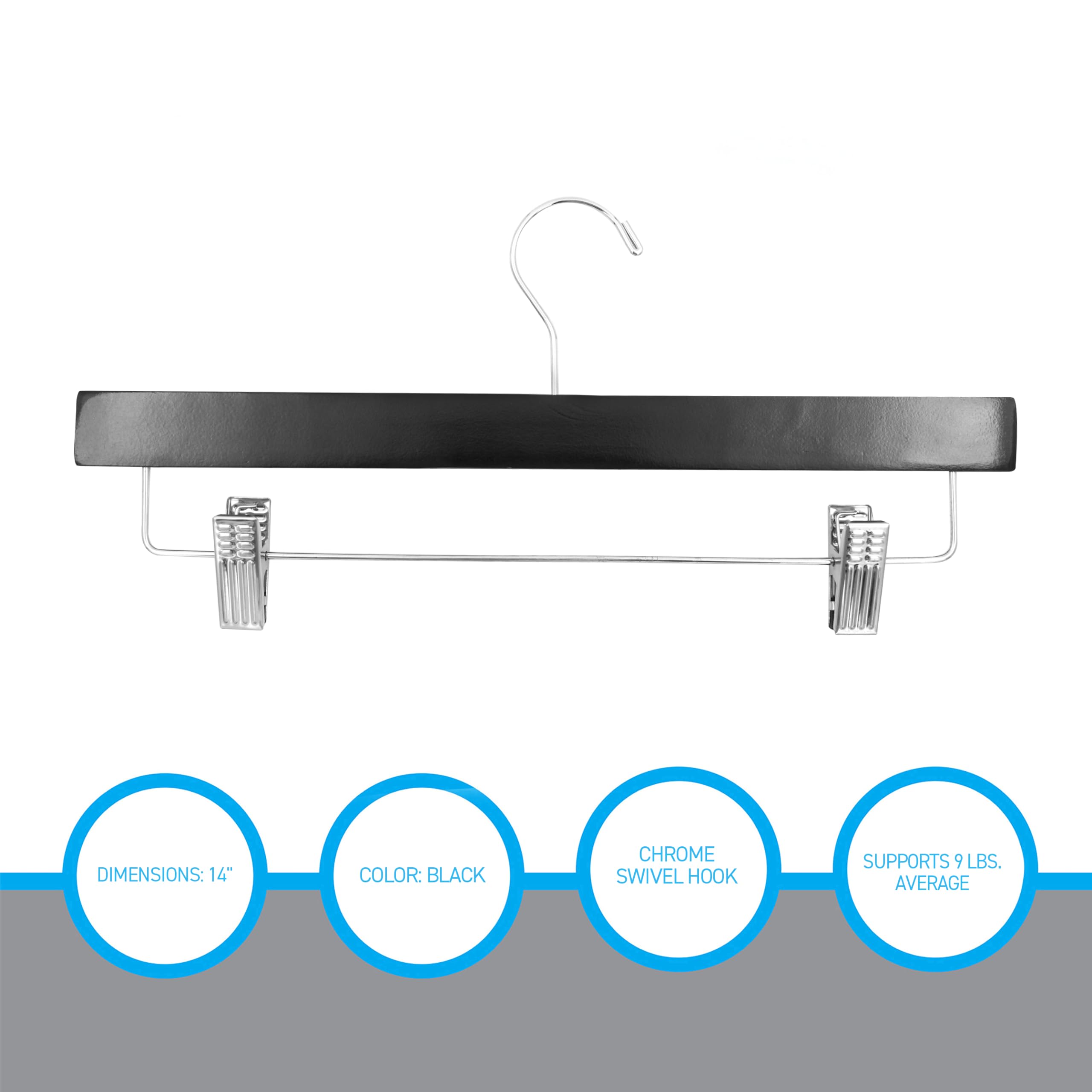 SSWBasics 14 Inch Black Wooden Skirt & Pants Hangers - Bulk Pack of 50 - Premium Closet Organizers for Dresses, Trousers & Uniforms - Space Saving Wardrobe Solution
