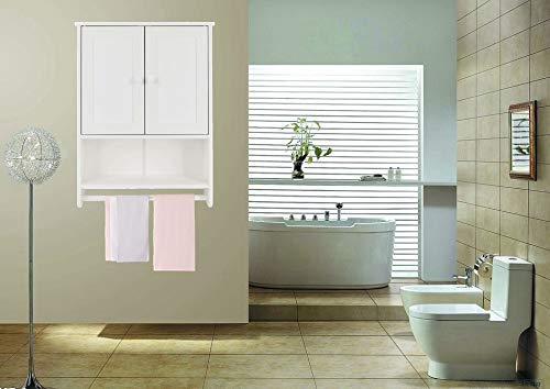White Wall Mounted Cabinet with Double Doors & Hanging Bar - Bathroom & Kitchen Storage Cupboard for Towels, Dishes & Organizing Essentials