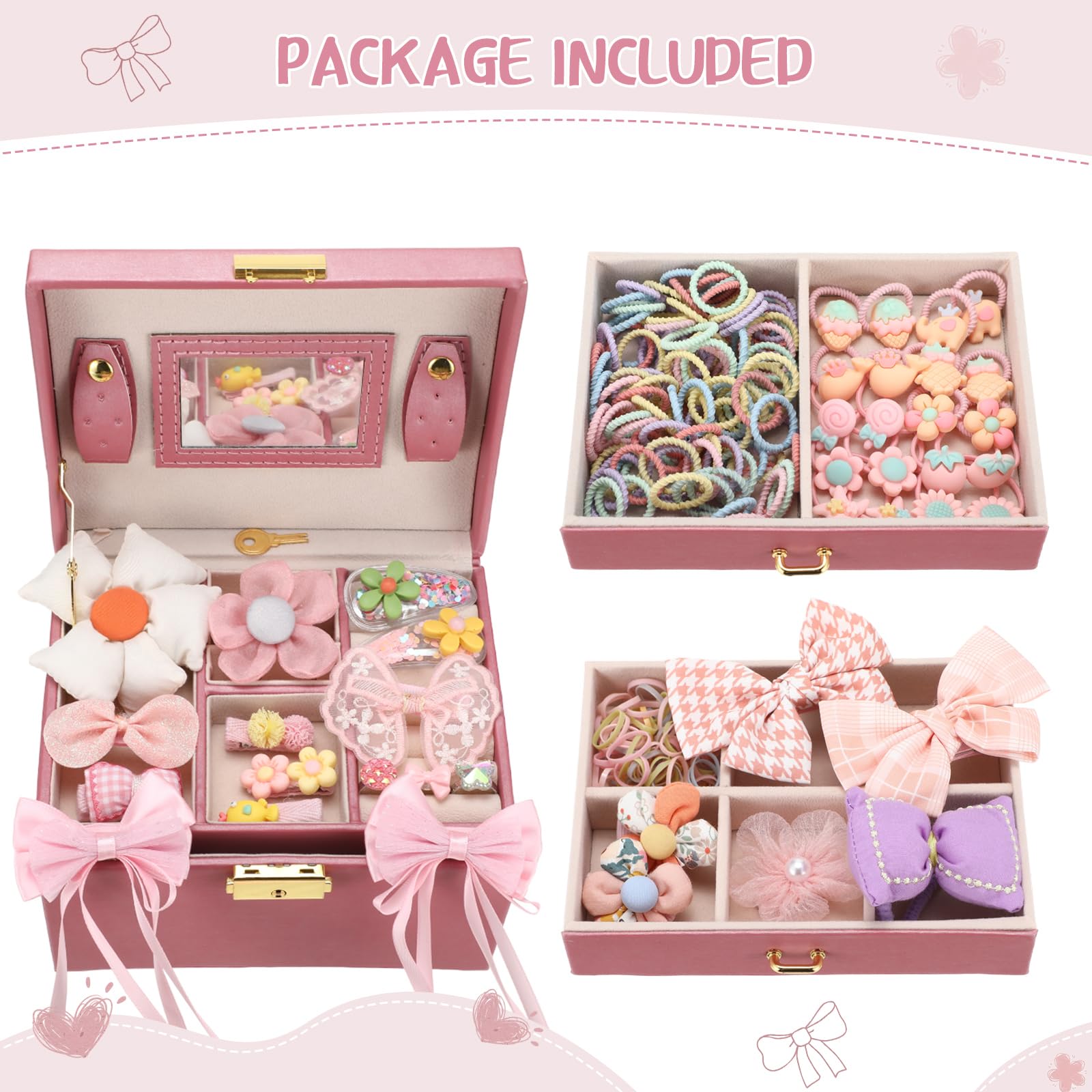52-Piece Hair Accessories & Jewelry Box Set for Girls - 3-Layer Large Pink Princess Storage Organizer with Hair Ties, Clips & Dress-Up Toys | Perfect Gift for Birthday, Party Play & Pretend Play Scenes