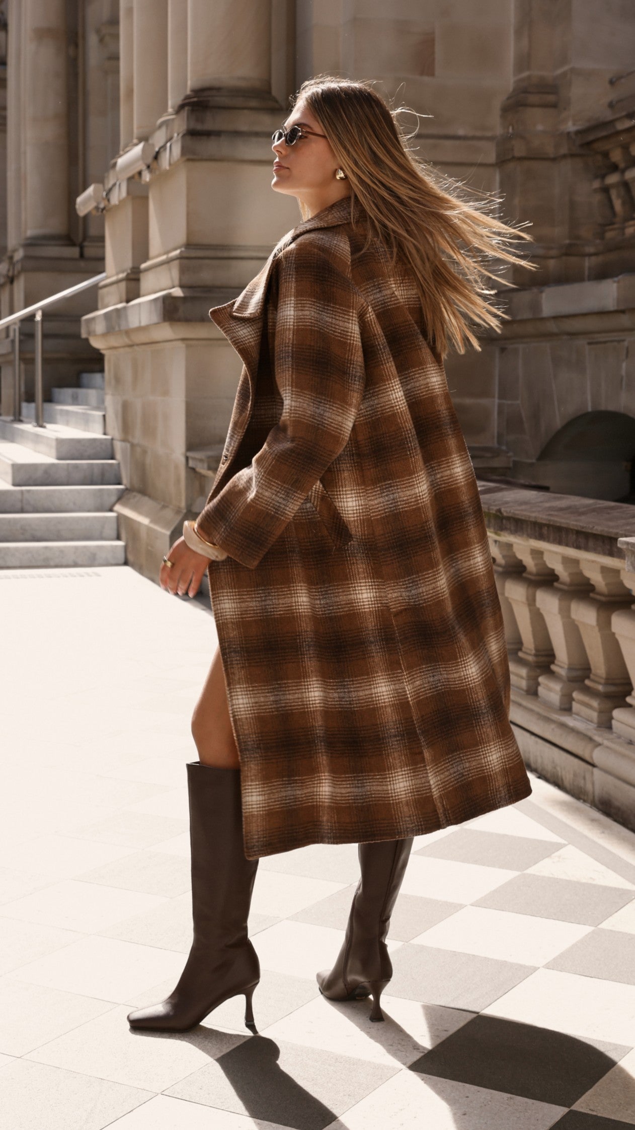 Haruna Coat - Brown & Beige Plaid Print Wool Blend Trench Coat for Women | Fall Winter Fashion Outerwear | Office, Dating & Travel Essentials