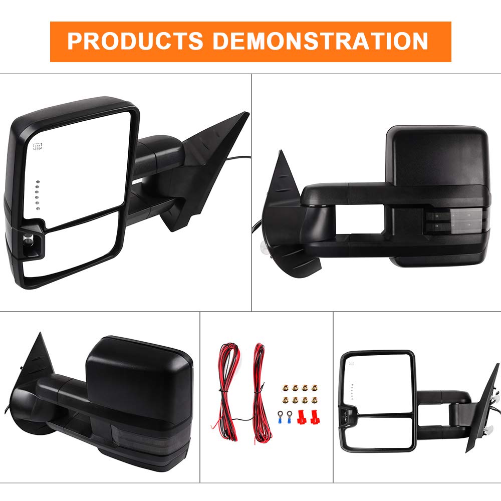 ROADFAR Power Heated Towing Mirrors for 2008-2013 Chevy Silverado & GMC Sierra - LED Turn Signal, Puddle Light, Black Housing - Perfect for Towing Trailers, Campers & Heavy Loads