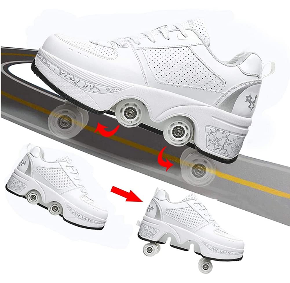 Double Deform Wheel Automatic Walking & Skating Shoes for Men, Women & Kids - 2 in 1 Removable Pulley Roller Shoes for Indoor/Outdoor Use - Perfect for Commuting, Fitness & Fun Activities