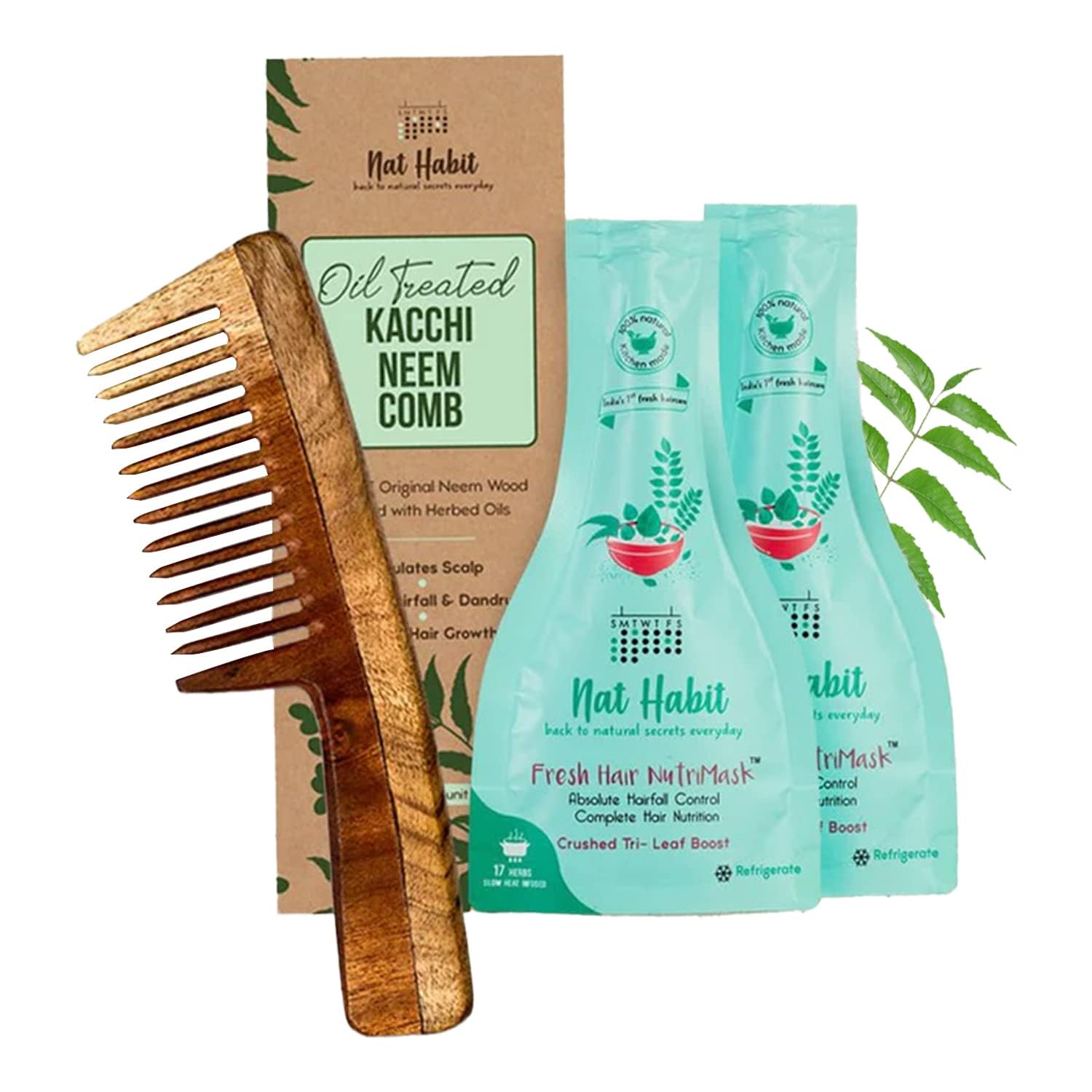 Nat Habit - Natural Wooden Wide Tooth Neem Comb & TriLeaf Hair Growth Mask for Stronger, Smoother Hair - Combo Pack of 3 for Daily Hair Care & Scalp Health - Perfect for Home & Travel Use