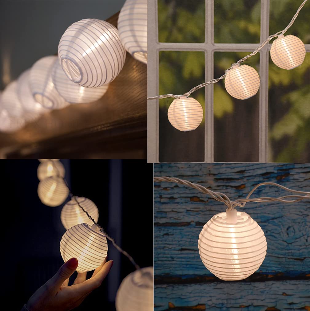 White Lantern String Lights Plug in - 8.5Ft Hanging Indoor/Outdoor Decorative Fairy Lights with 10 Cute White Nylon Lanterns, Connectable for Bedroom, Ramadan, Backyard, Patio, Bistro & Wedding Decor - Perfect for Parties, Holidays and Cozy Ambiance