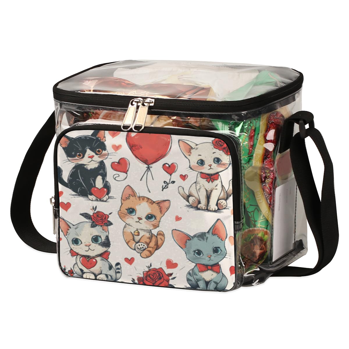 GzLeyigou Clear Transparent Tote Bag with Handles - Cute Cat & Rose Design Crossbody Shoulder Bag for Women | Perfect for Valentine's Day, Lunch, Outdoor Travel, Picnic, Concerts & Sports Events | Stadium Approved Multipurpose Purse