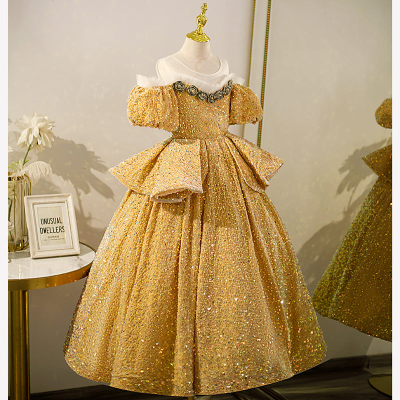 Sparkly Gold Sequin Flower Girl Dress for Weddings - Elegant Princess Gown for Bridal Party & Special Occasions
