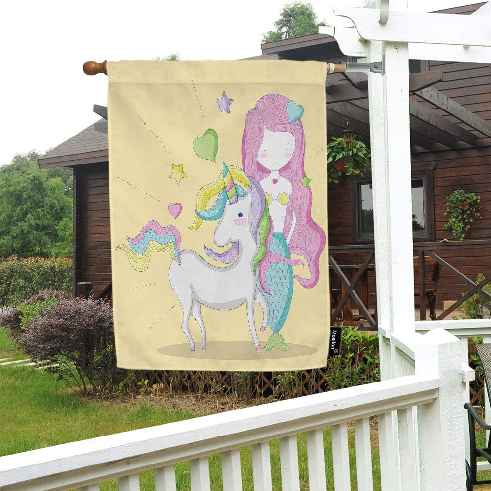 Double-Sided Mermaid & Unicorn House Flag 28x40 Inch - Cute Cartoon Pony Princess with Stars & Hearts - Outdoor Summer Decorative Cotton Linen Flag for Porch, Garden & Yard Decor