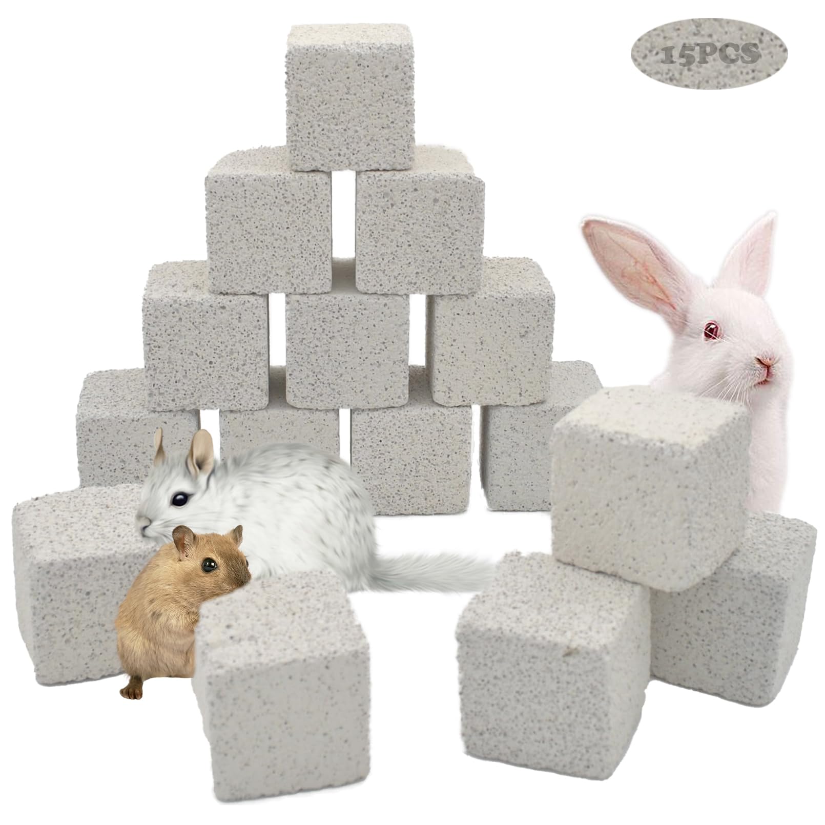 15Pcs Natural Lava Chew Blocks for Small Pets - Hamster Teeth Grinding Toys, Rabbit Chews, Chinchilla Mineral Stones with Calcium | Small Animal Cage Accessories for Bunnies, Guinea Pigs & Rats