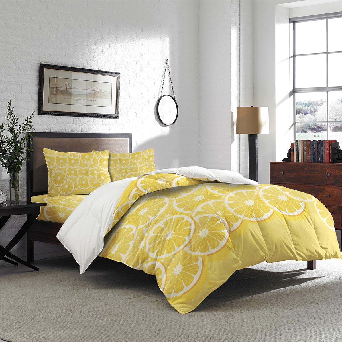 4 Piece Twin Size Duvet Cover Set - Lemon Citrus Fruits Design, Soft Luxury Bedding (1 Duvet Cover + 1 Sheet + 2 Pillowcases) - Perfect for Kids' Rooms, Dorms & Fun Home Decor