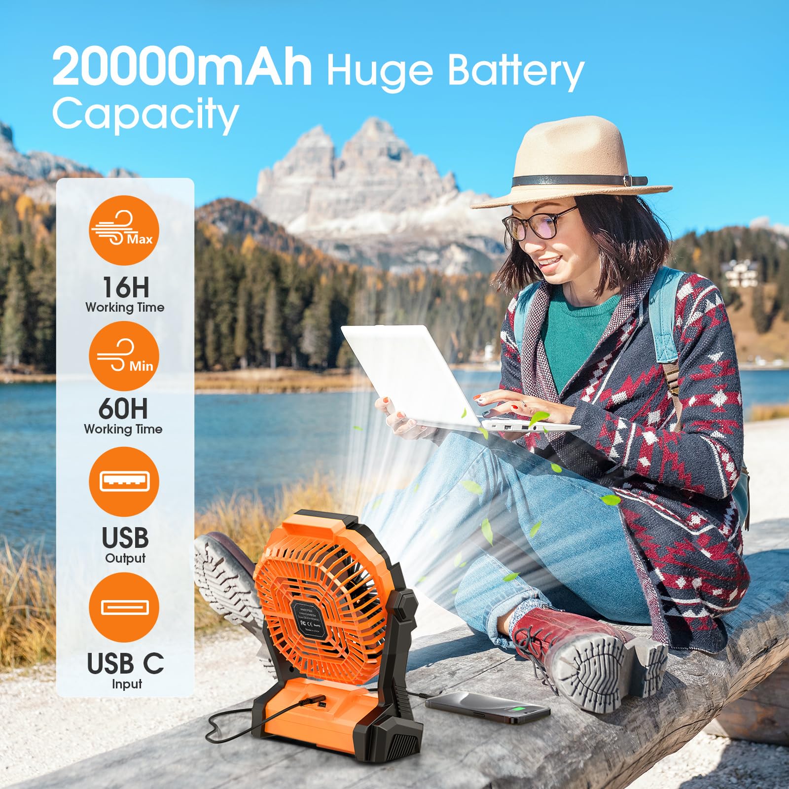 Rechargeable Portable Fan with LED Lantern - Cordless Battery Powered Table Fan for Travel, Bedroom, Camping, Office & Outdoor Activities | USB Operated Desk Fan for Home, Beach, Picnic, BBQ & Fishing Adventures
