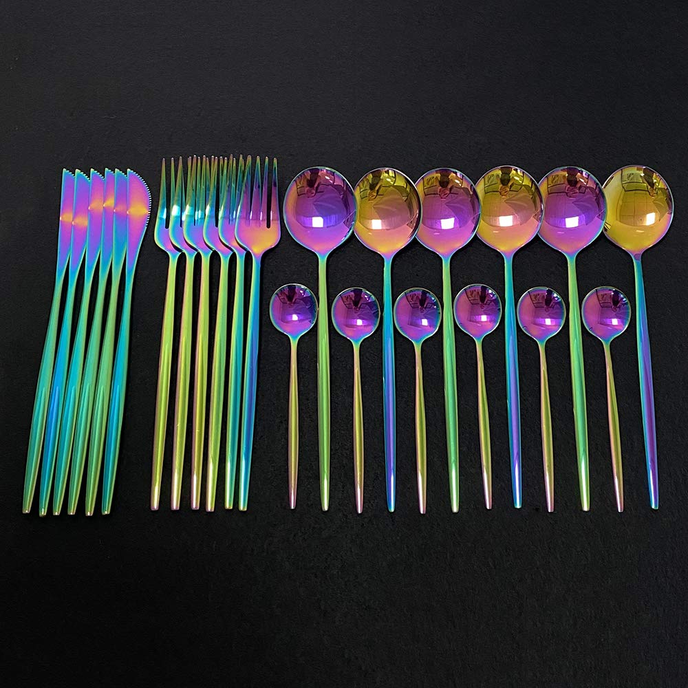 24-Piece Stainless Steel Silverware Flatware Set - Knife, Fork & Spoon Cutlery for Kitchen & Dining - Dishwasher Safe Rainbow Color Tableware - Perfect for Restaurants, Parties & Everyday Use