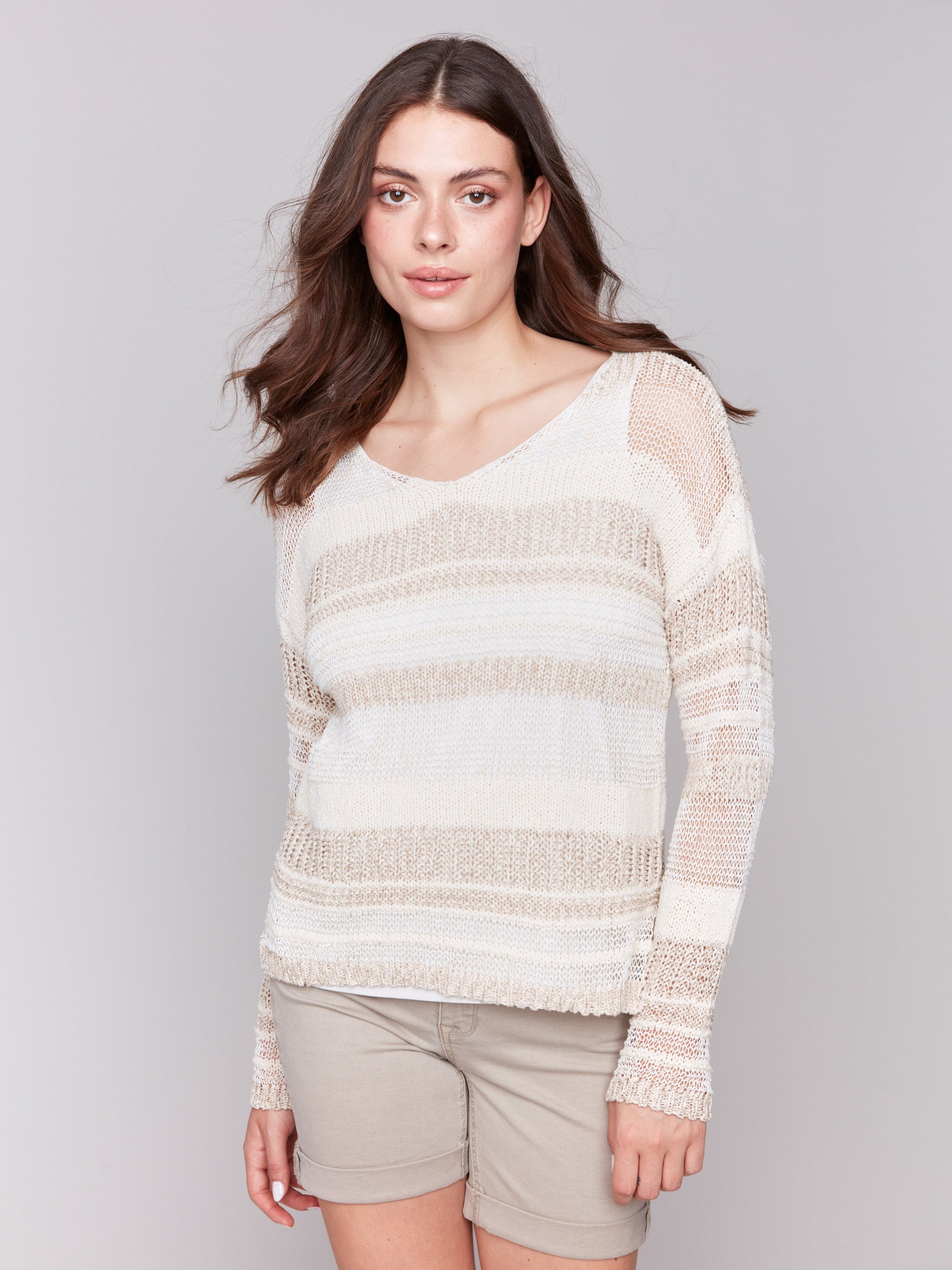 Multi Yarn Striped Sweater Beige - Cozy Knit Pullover for Women | Perfect for Fall & Winter Fashion, Casual Outfits and Layering