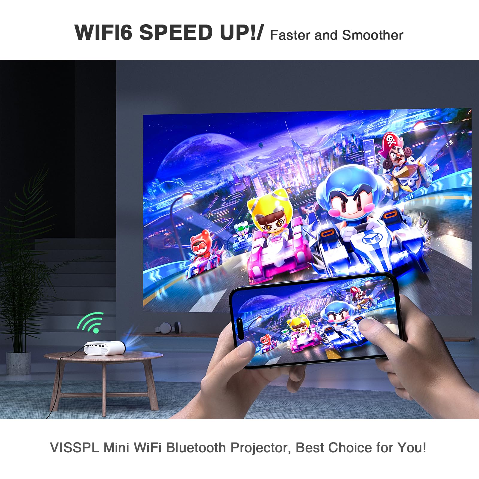 VISSPL Mini Projector with WiFi & Bluetooth - Full HD 1080P Portable Outdoor Projector with Tripod, Home Theater Movie Projector Compatible with Android/iOS/Windows/TV Stick/HDMI/USB - Perfect for Backyard Movies, Camping & Home Entertainment