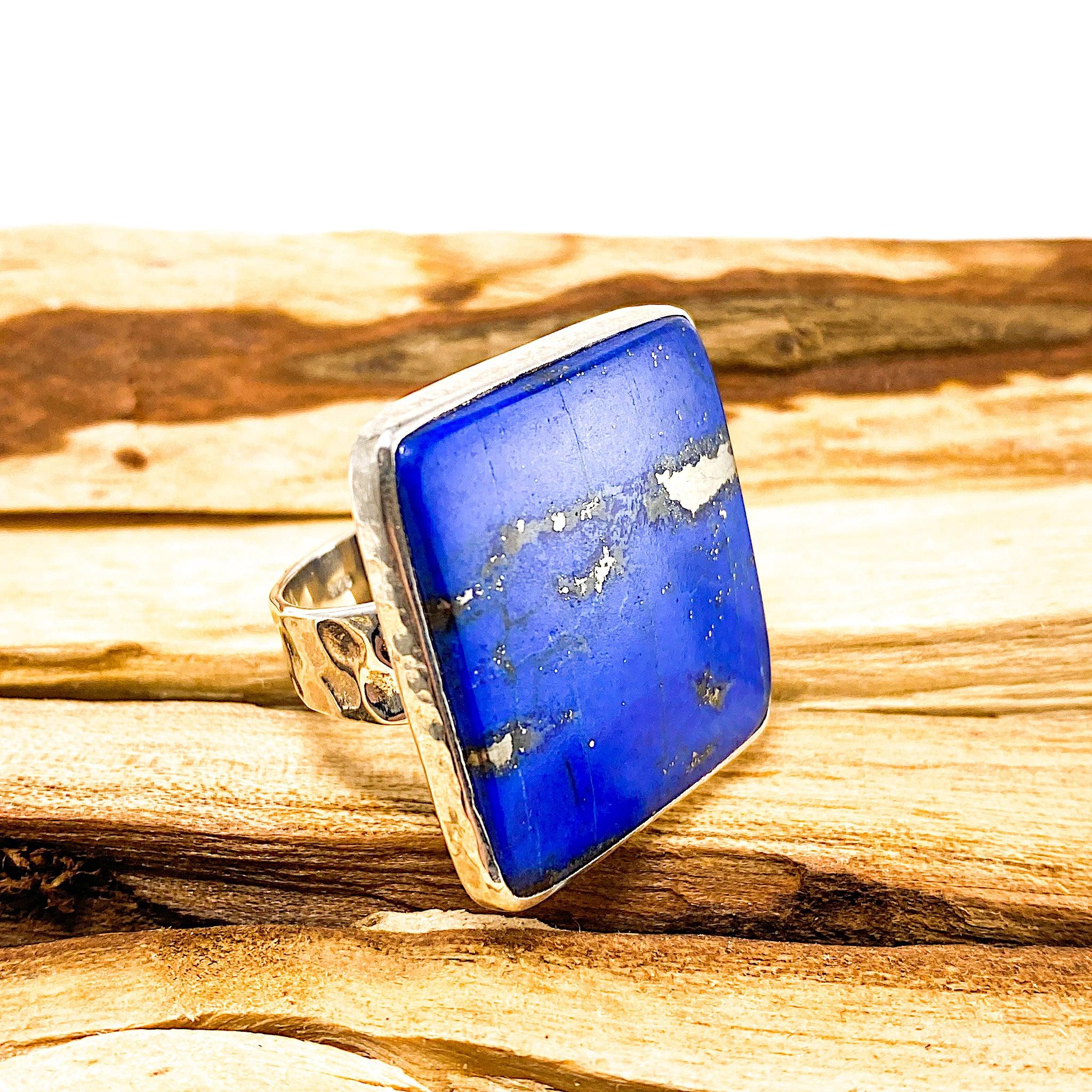 Natural Lapis Lazuli Square Cabochon Ring - Handmade Hammered Silver Band Size 8 - Chilean Gemstone Jewelry for Women | Perfect for Gift Giving, Special Occasions & Boho Fashion