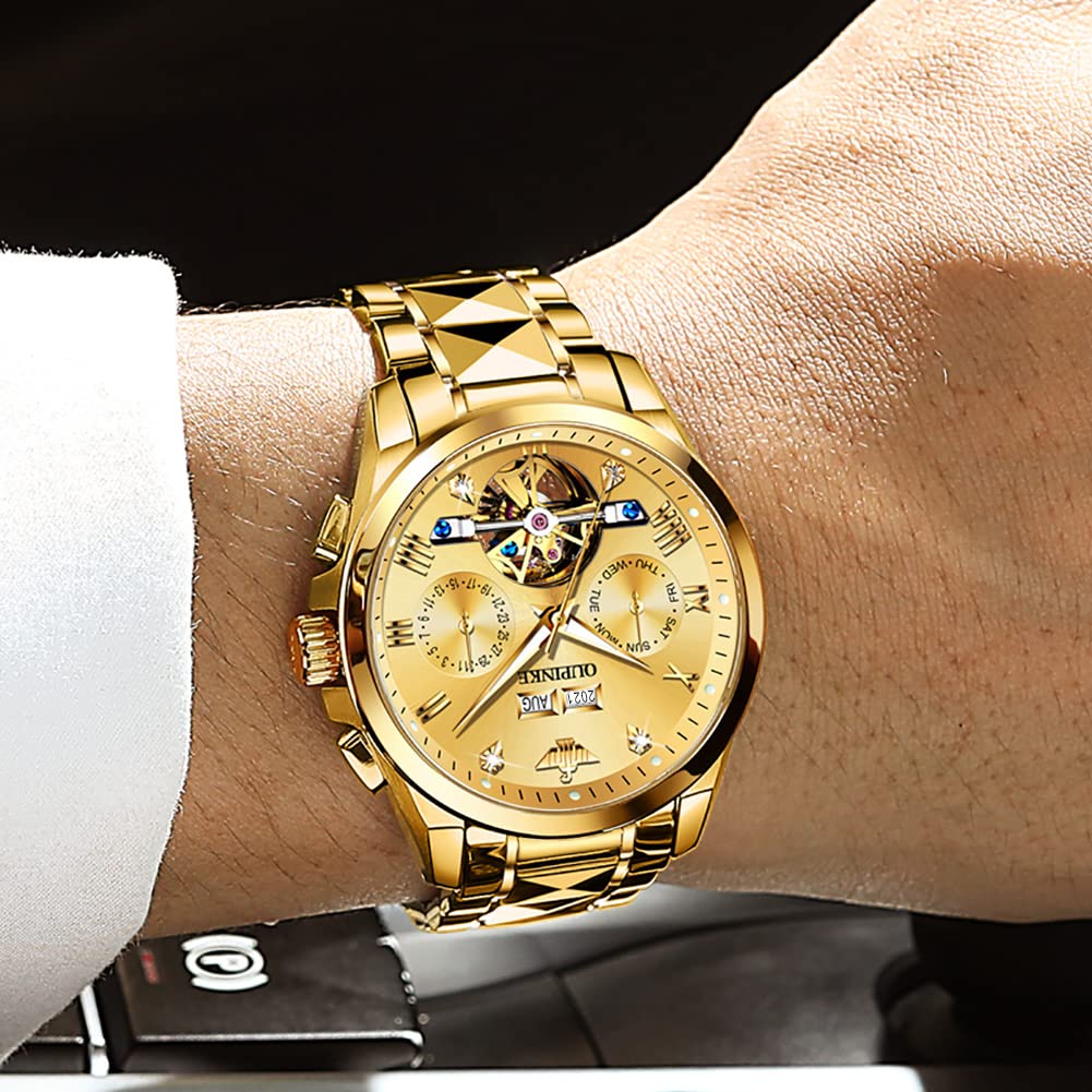 OUPINKE Automatic Skeleton Self-Winding Dress Watch for Men - Waterproof Business Wristwatch with Luminous Tungsten Steel Case - Perfect for Formal Events, Office Wear & Special Occasions