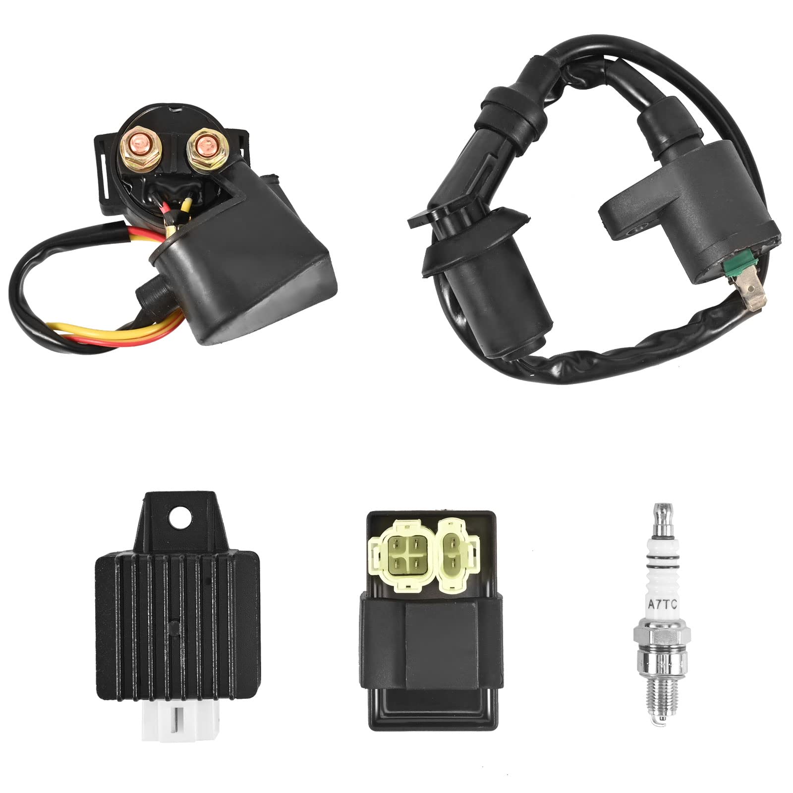 GY6 150cc Solenoid Relay AC CDI Box Ignition Coil Voltage Regressor & Spark Plug Kit - Compatible with Chinese Scooters, Mopeds, Tomberlin Crossfire 150R, American Sportworks 150 GTS & 150cc Go Karts - Perfect for Engine Repair, Maintenance & Performance Upgrades