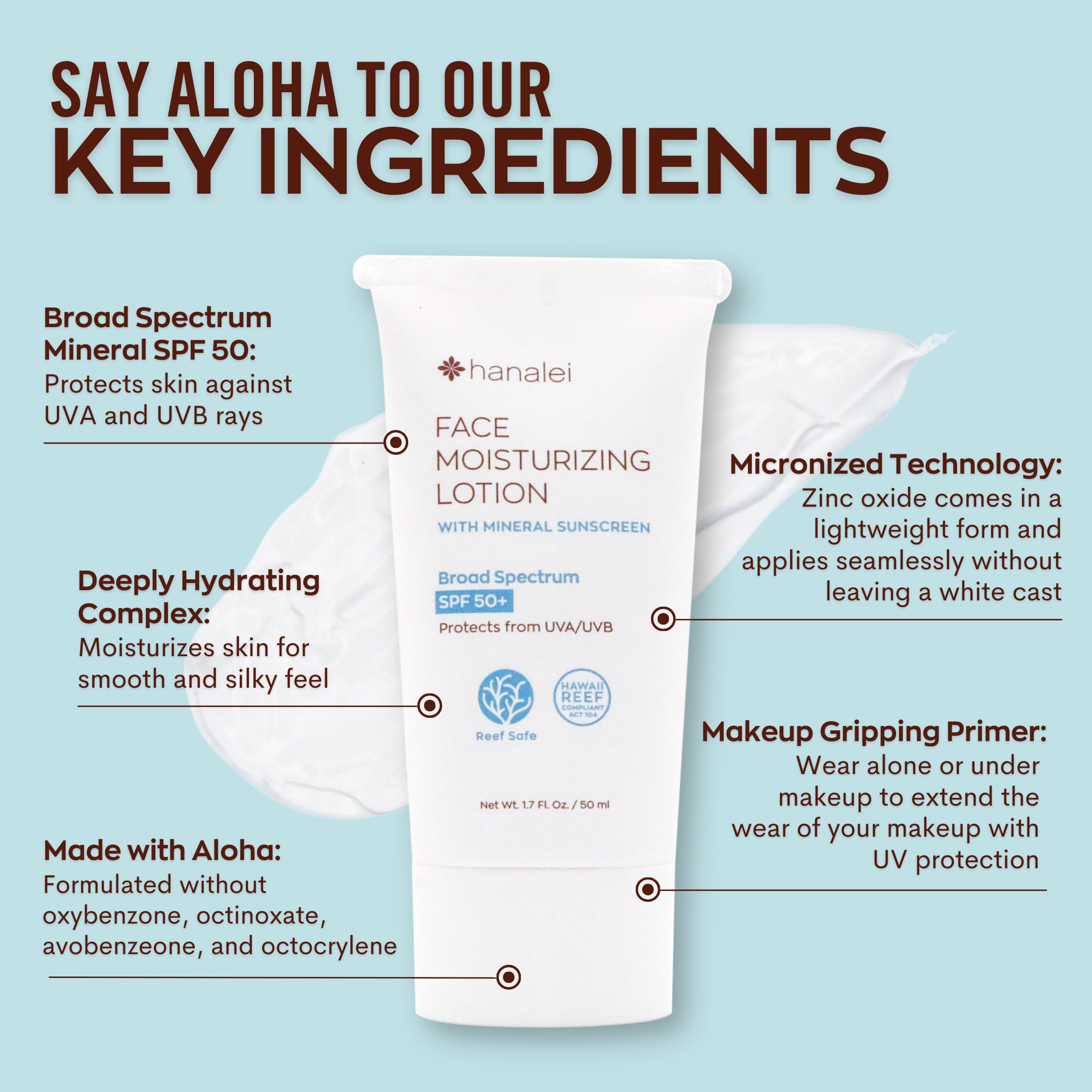 Hanalei SPF 50 Face Moisturizer with Zinc Oxide - Vegan, Reef-Safe Sunscreen for Sensitive Skin | No White Cast, Invisible Protection | 3-in-1 Hydrating Makeup Primer (1.7 oz) | Perfect for Daily Use, Beach Days & Outdoor Activities
