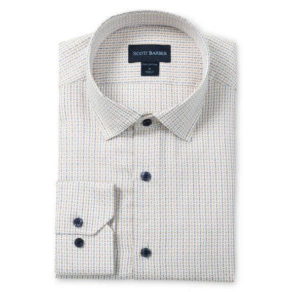 Scott Barber Khaki Dobby Check Long Sleeve Sport Shirt for Men - Casual & Outdoor Activities, Golf, Hiking, and Workwear