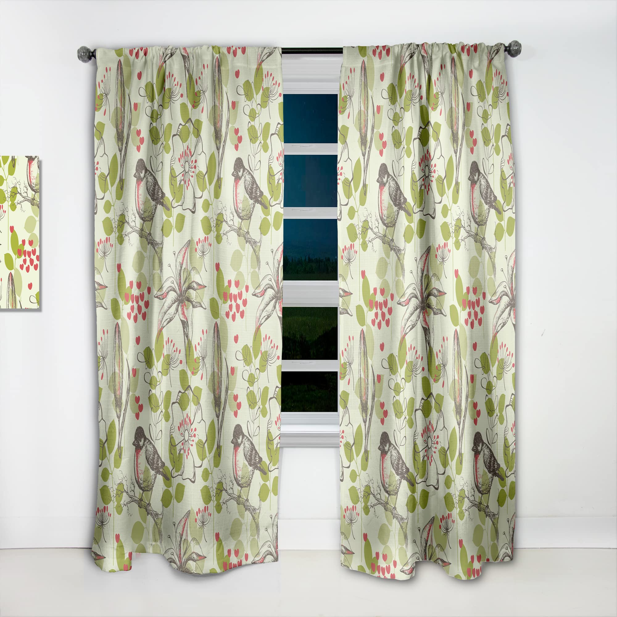 DesignQ Thermal Insulated Curtains - Small Bird, Lilies & Hearts Pattern - 52x84 Inch Single Panel for Bedroom & Living Room | Blackout Drapes for Privacy, Light Control & Energy Efficiency