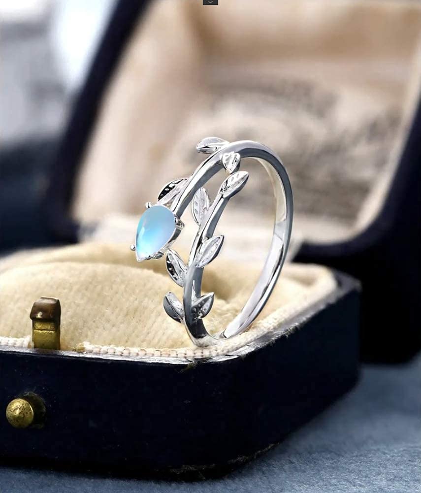 PRAYMOS 925 Sterling Silver Leaf Ring with White Opal & Moonstone - Adjustable Open Ring for Women (Size 7-9) - Elegant Bohemian Jewelry Gift for Birthday, Anniversary & Everyday Wear