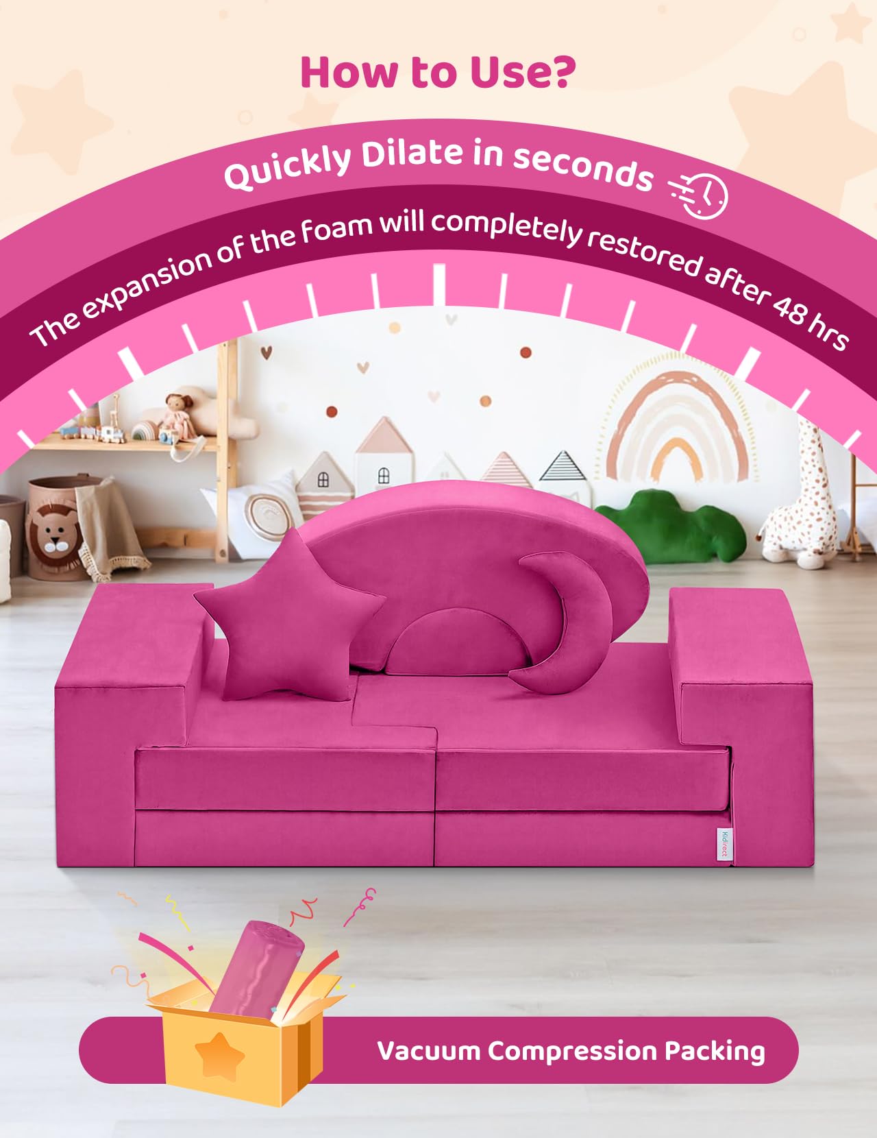 Kidirect Modular Kids Play Couch - Convertible Foam Sofa for Toddlers, Foldable DIY Building Fort & Floor Cushion for Playroom & Bedroom - Creative Play Furniture for Boys & Girls (Pink) - Perfect for Indoor Playtime, Reading Nook & Nap Space