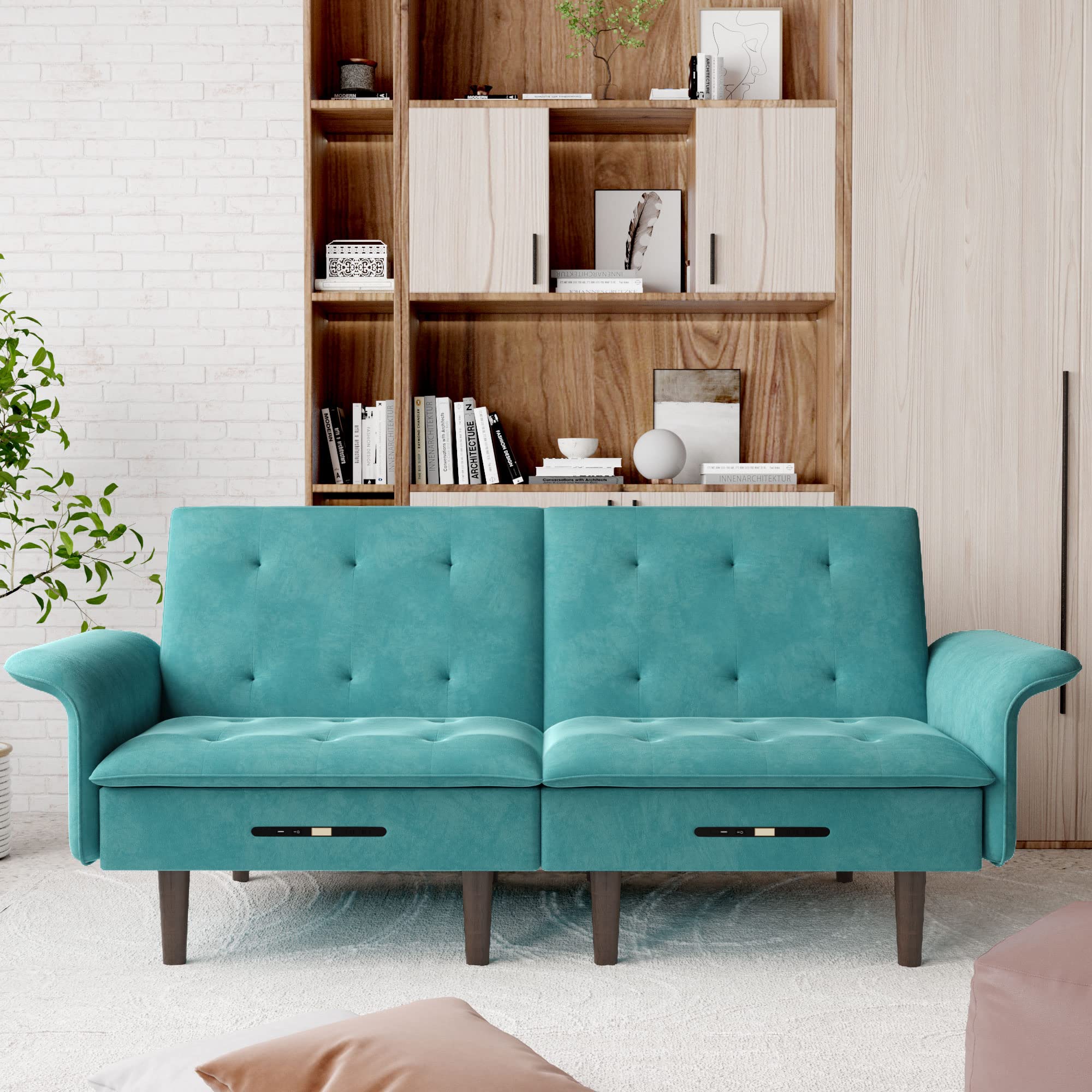 Modern Velvet Adjustable Sofa Bed with USB Charging Ports - Multifunctional Convertible Loveseat for Living Room, Tufted Upholstered Blue Sofa - Perfect for Small Spaces, Guest Rooms & Cozy Movie Nights