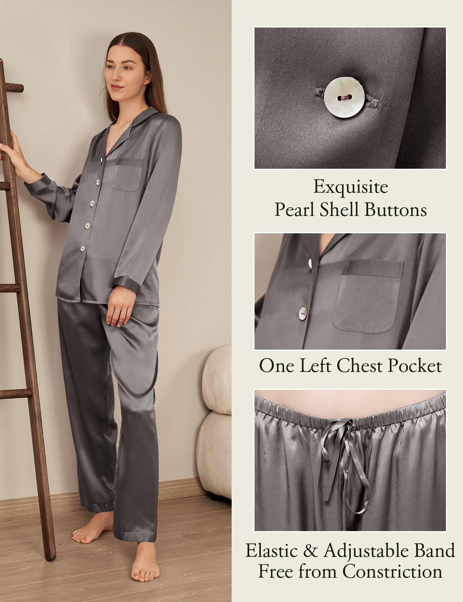 Luxury 100% Mulberry Silk Pajamas for Women - 22 Momme Pure Long Sleeve Full Length Sleepwear Set | Soft & Breathable Nightwear for Relaxation, Spa Days & Gift Giving