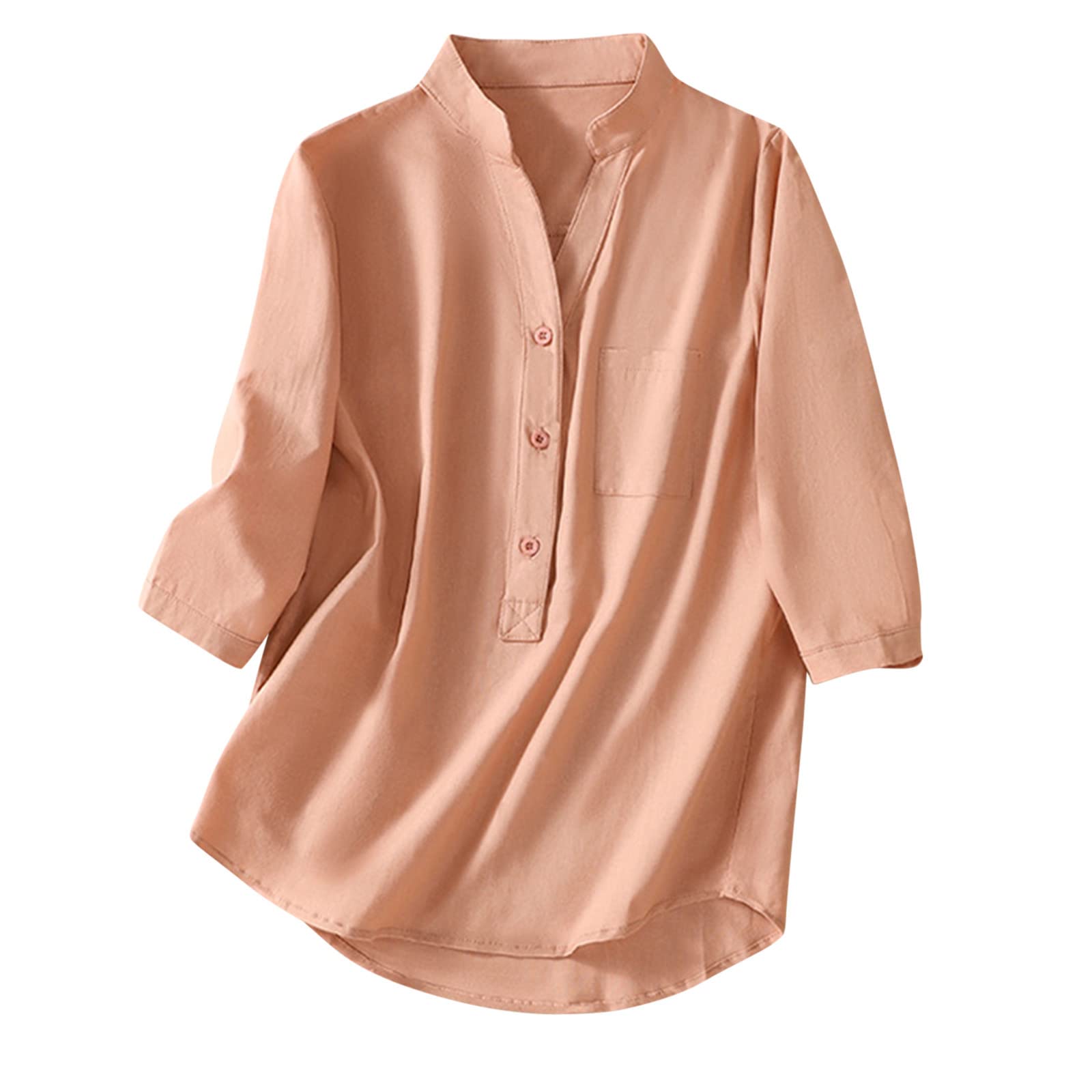 Women's Casual V-Neck Button Down Shirt - Solid Color 3/4 Sleeve Loose Blouse for Summer & Fall | Comfortable Basic Top for Work, Office, Dating & Everyday Wear