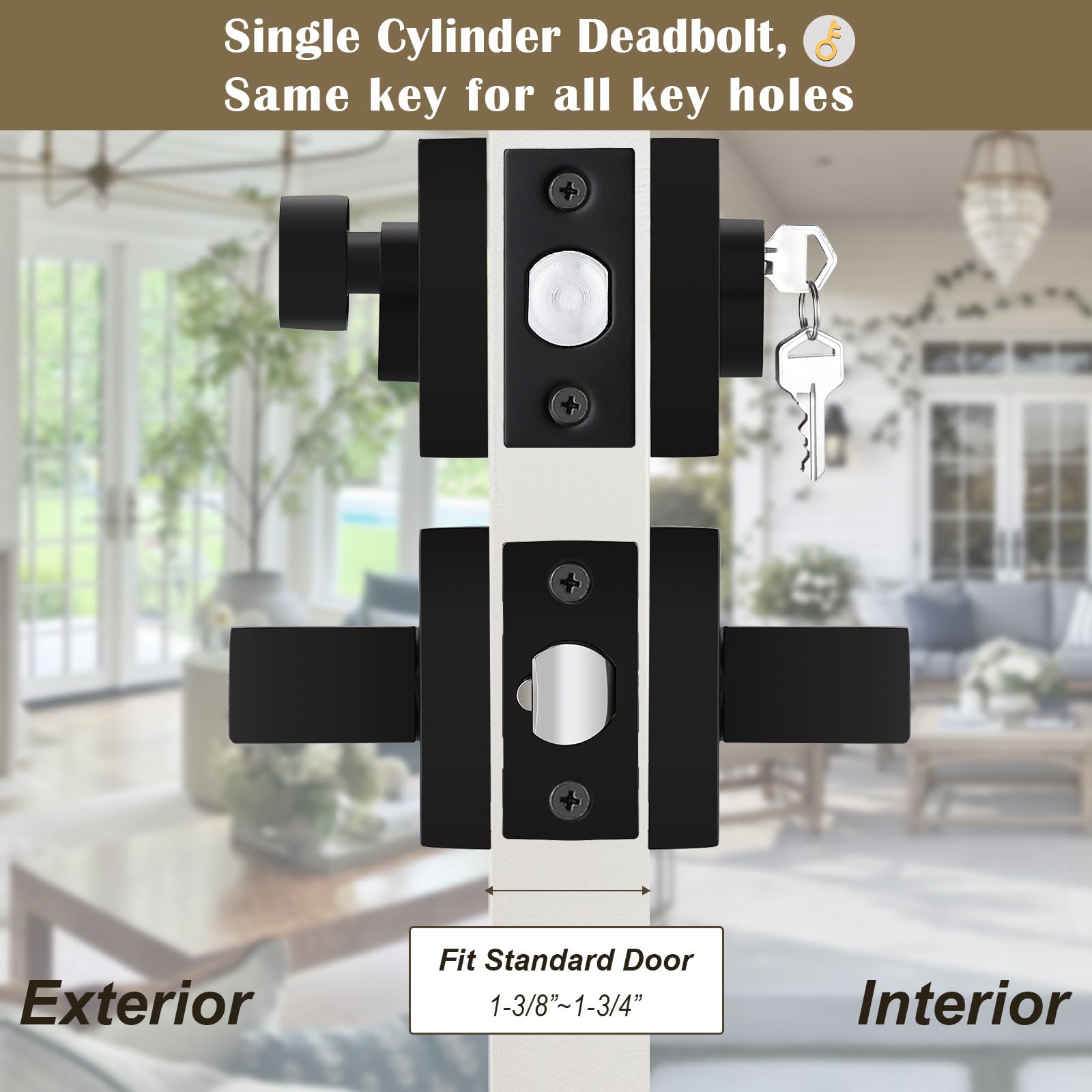 3 Pack Keyed Entry Door Lock Set with Deadbolt - Reversible Passage Lever & Keyed Alike Single Cylinder Deadbolt - Matte Black Square Handleset for Front Door, Bedroom, Office & Apartment Security