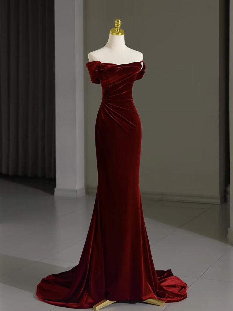 Elegant Mermaid Velvet Burgundy Long Prom Dress for Women - Formal Evening Gown for Homecoming, Ball, Wedding & Special Occasions