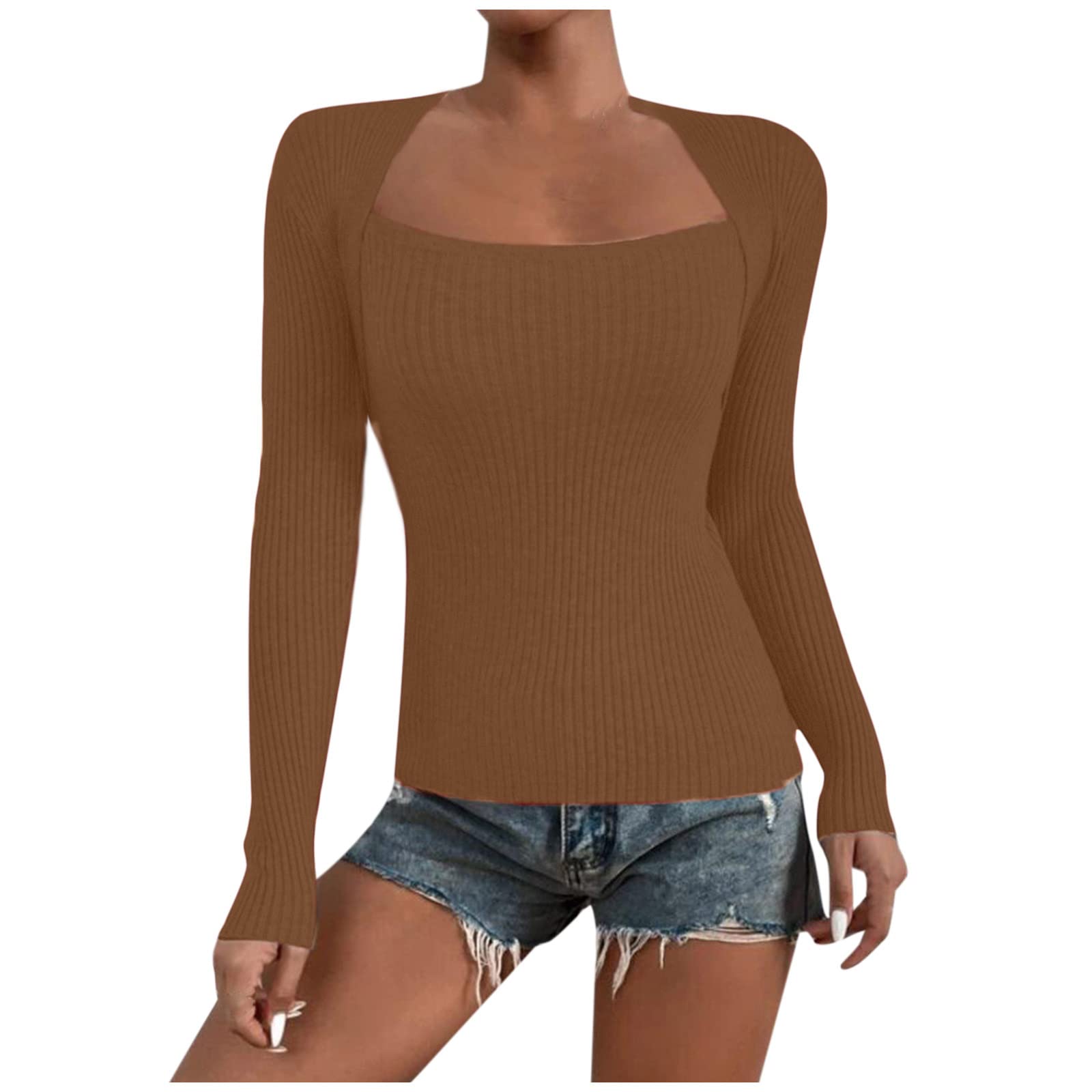Women's Long Sleeve Tops - Sexy Slim Fit Casual Blouse with Square Collar & Warm Solid Color | Perfect for Office Wear, Date Night & Fall Layering