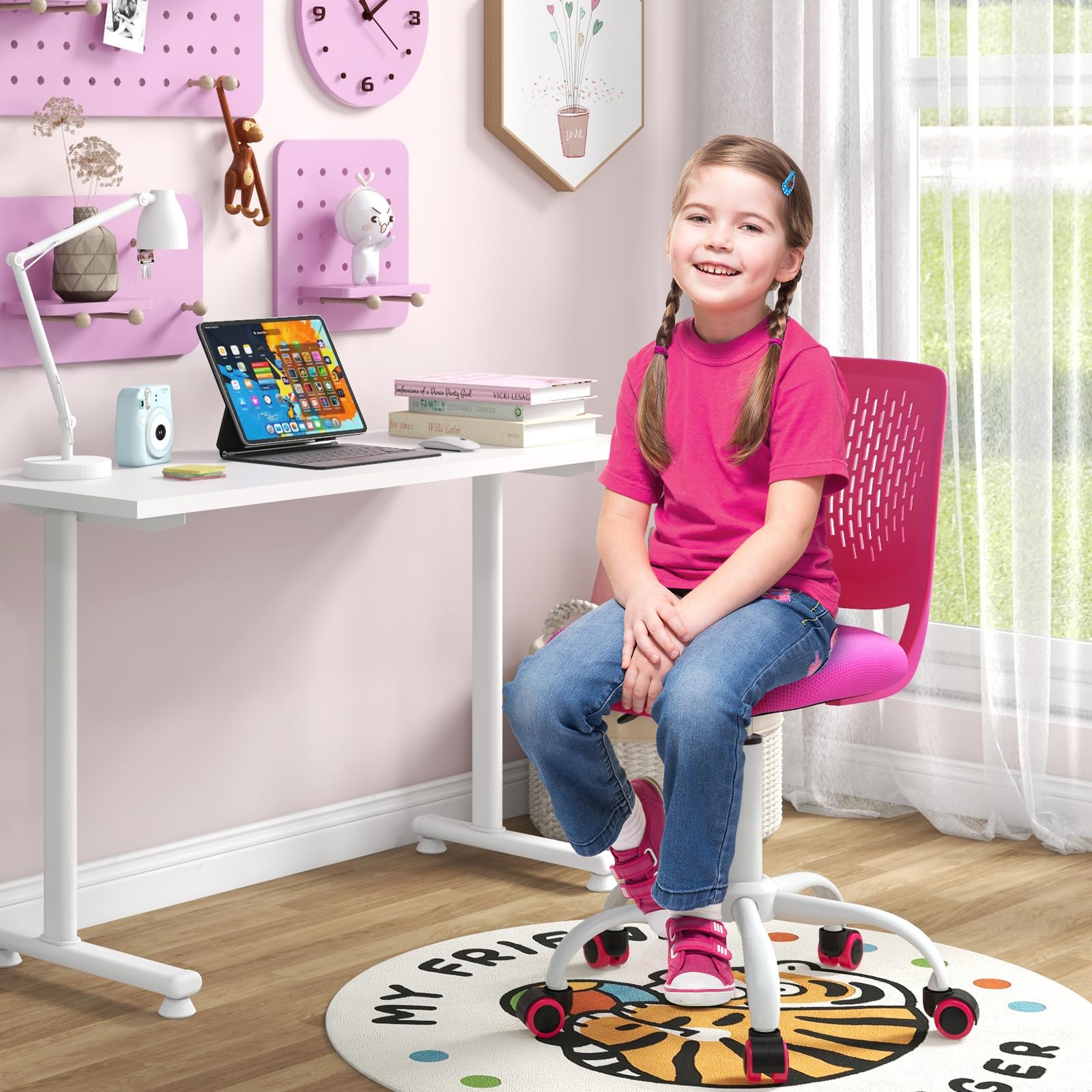 Giantex Adjustable Kids Study Chair - Ergonomic Swivel Mesh Desk Chair for Children with Height Adjustment & Lumbar Support - Perfect for Homework, Online Classes & Computer Use (Rose)