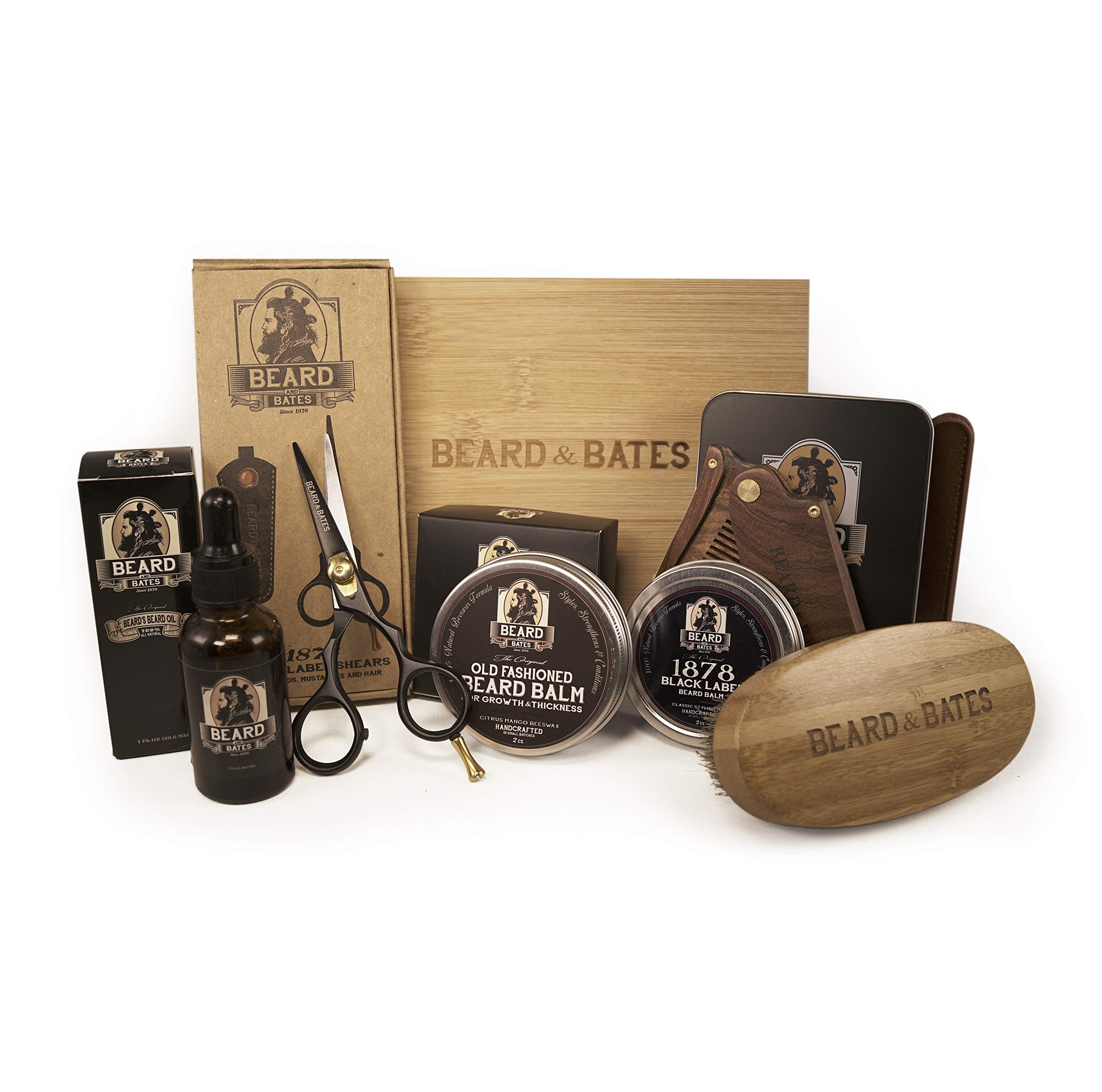 Ultimate Beard Grooming Kit for Men - Premium Organic Beard Oil & Balm, Boar Bristle Brush, Luxury Folding Comb, Engraved Leather Pouch, Handmade Scissors with Scabbard in Wooden Gift Box - Perfect for Daily Care & Grooming Routine