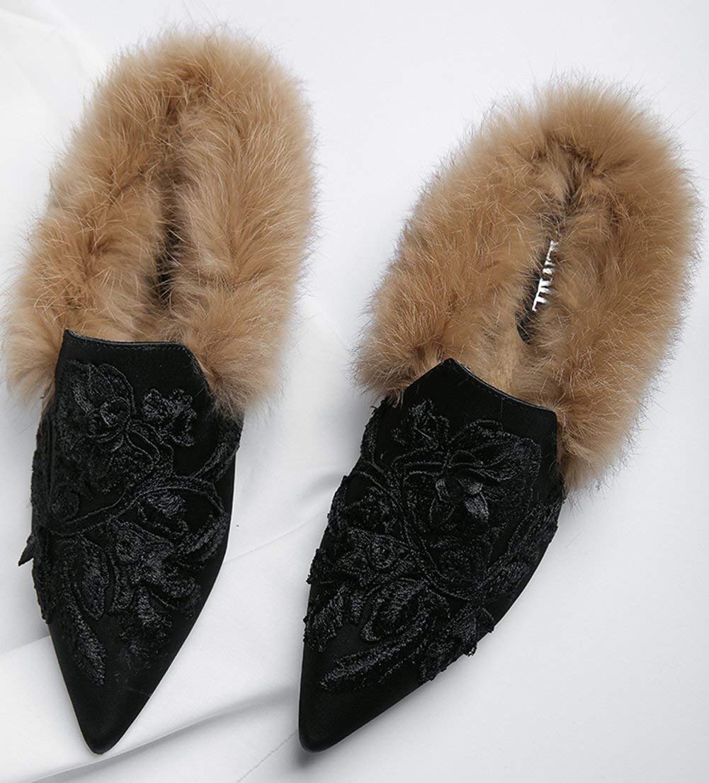 Fericzot Women's Slip On Loafers - Embroidered Mule Shoes with Plush Lamb Fur, Velvet Backless Slippers, Pointed Toe Slides | Comfortable House Shoes for Women, Perfect for Indoor Relaxation, Lounging & Casual Wear