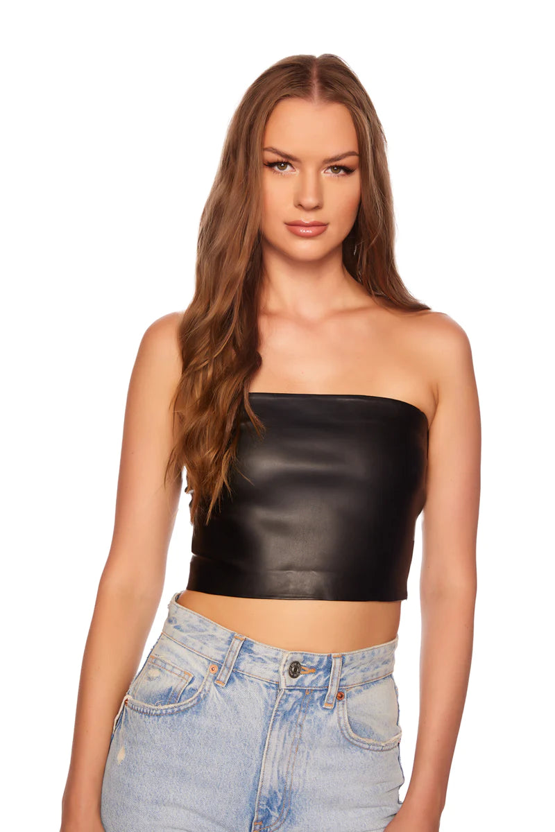 Stylish Black Faux Leather Crop Tube Top - Trendy Women's Fashion for Casual Wear, Night Out & Layering