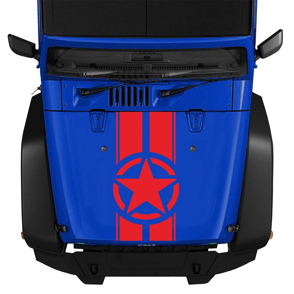 Jeep Wrangler TJ LJ JK Military Star Stripes Vinyl Decal Hood Sticker - Waterproof DIY Car & Truck Accessories (Red) | Off-Road Adventure & Custom Vehicle Styling